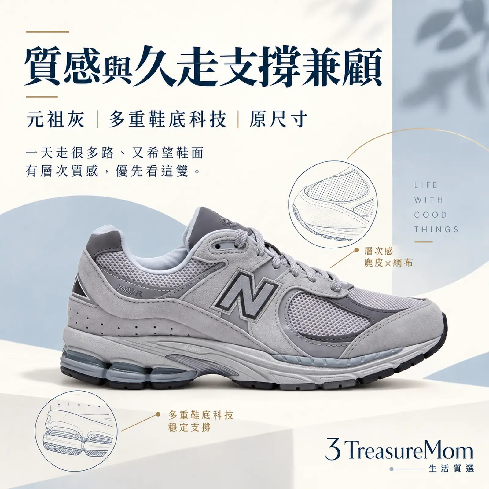 New Balance 2002R 元祖灰 單品介紹圖，重點為麂皮質感、完整鞋底科技、久走支撐