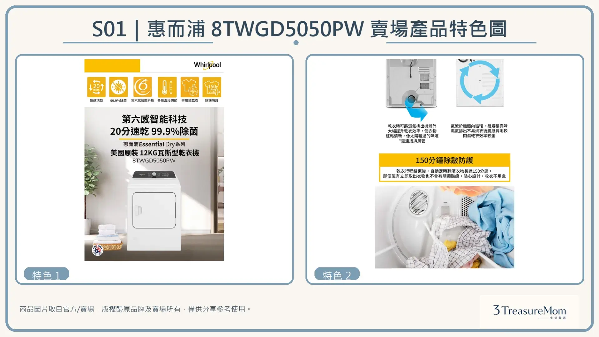 惠而浦Whirlpool 8TWGD5050PW瓦斯乾衣機賣場產品特色圖，整理官方與賣場提供的功能特色圖片