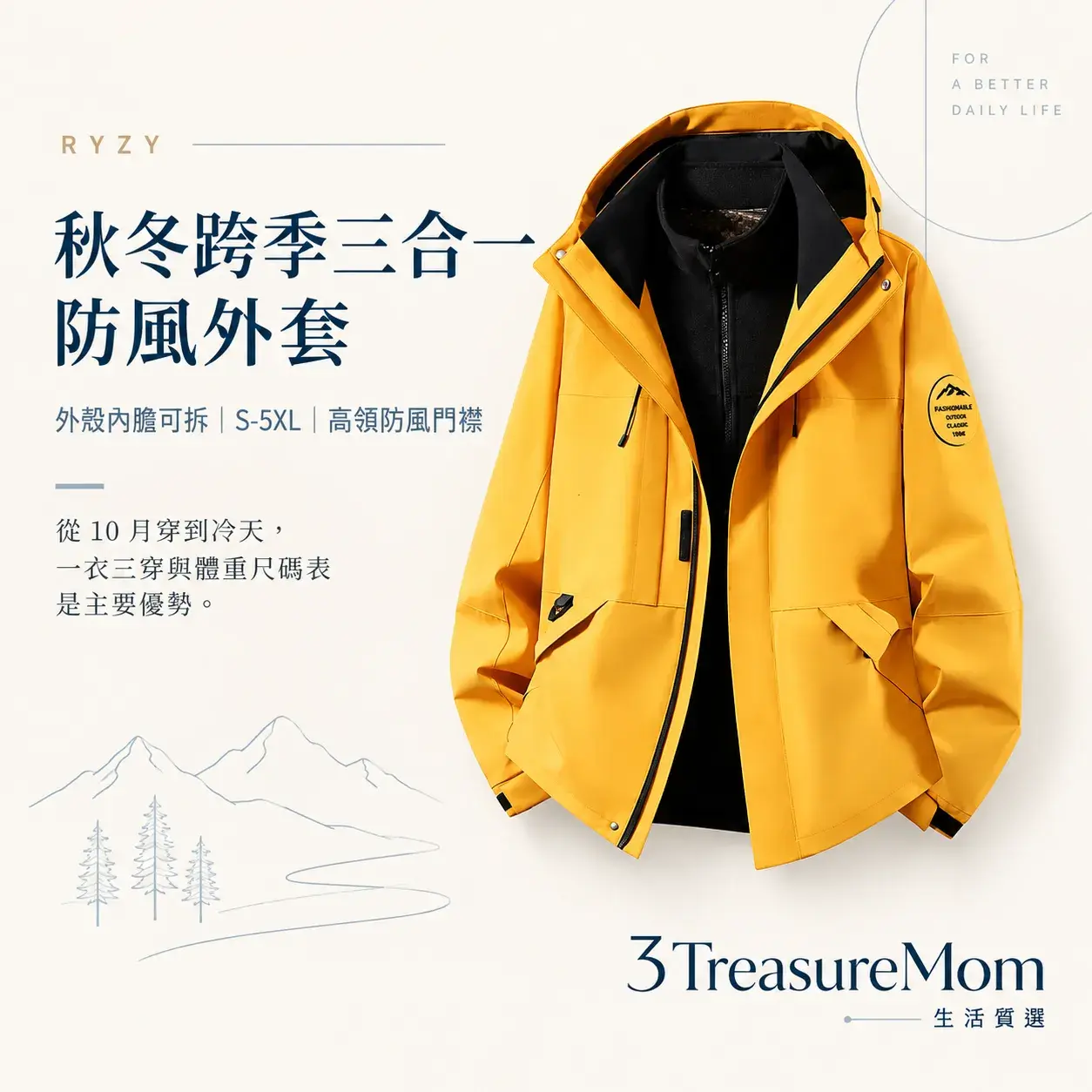 RYZY 三合一極簡單品圖，主打外殼內膽可拆、S-5XL、高領防風門襟