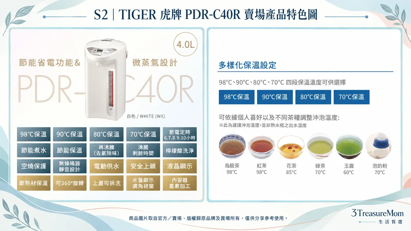 TIGER虎牌PDR-C40R電熱水瓶賣場產品特色圖，整理功能規格與四段保溫設定