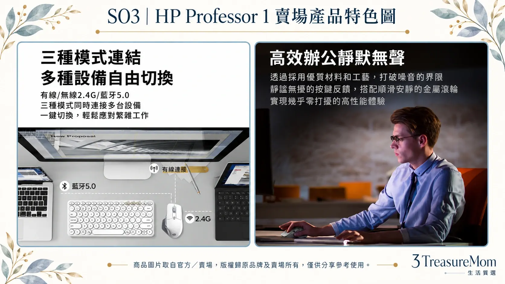 HP Professor 1賣場產品特色圖，整理三模多設備切換、靜音按鍵與金屬滾輪