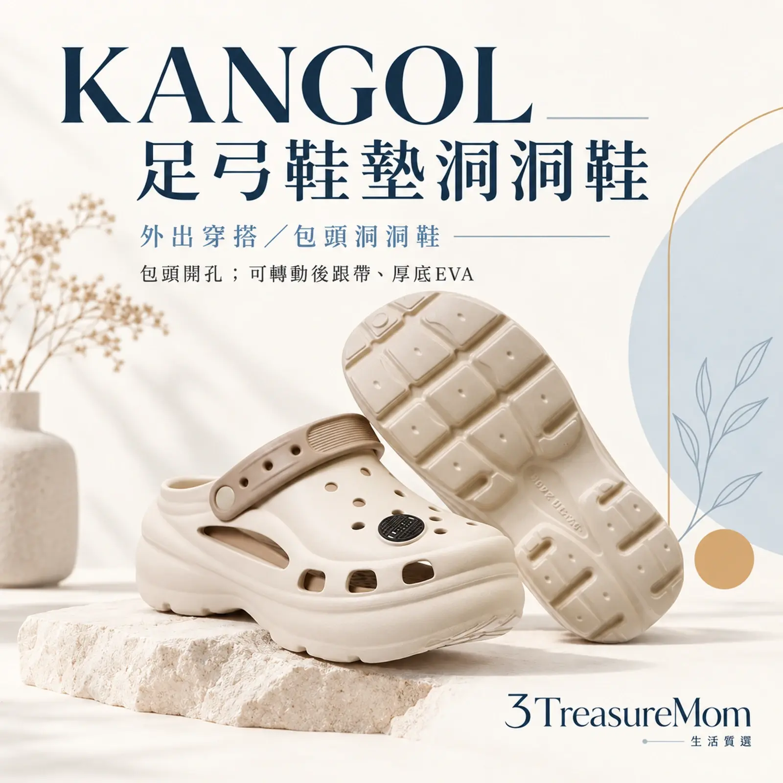 KANGOL 足弓鞋墊洞洞鞋單品介紹圖，呈現外出穿搭／包頭洞洞鞋與可轉動後跟帶、厚底EVA
