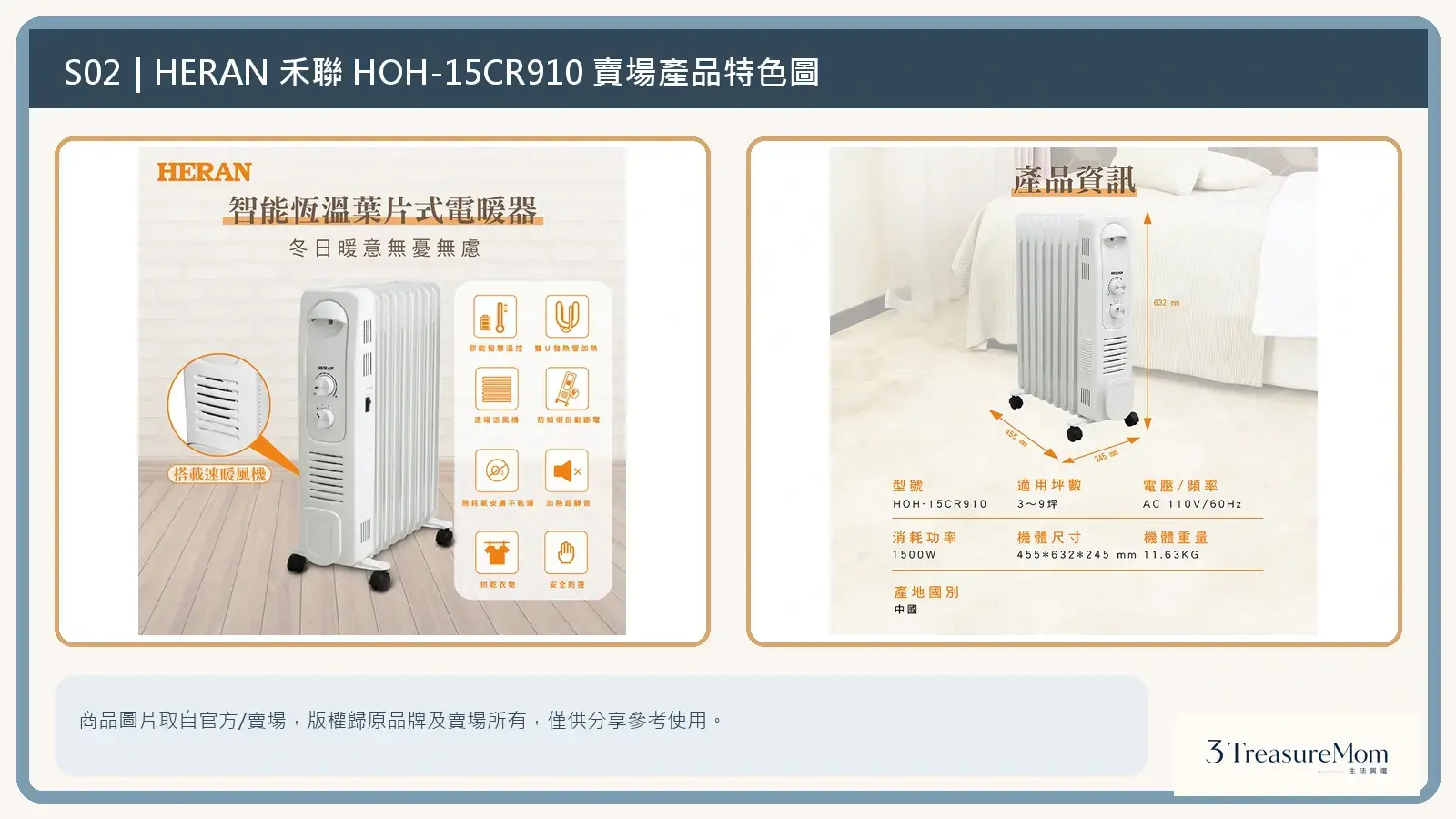 HERAN禾聯 HOH-15CR910 賣場產品特色與規格拼貼圖