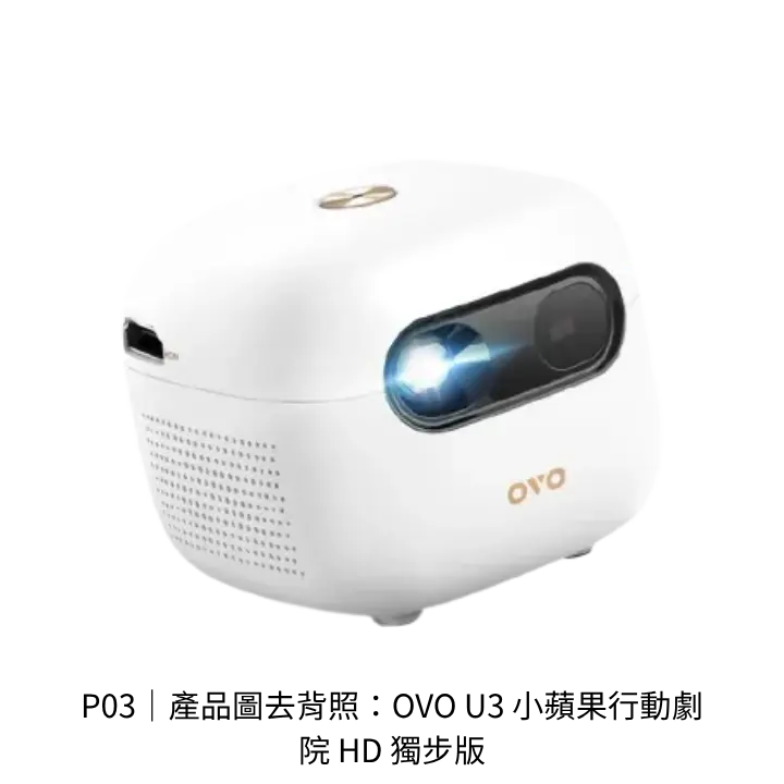 OVO U3 小蘋果行動劇院 HD 獨步版行動投影機去背產品圖，文章配圖與規格比較表用素材