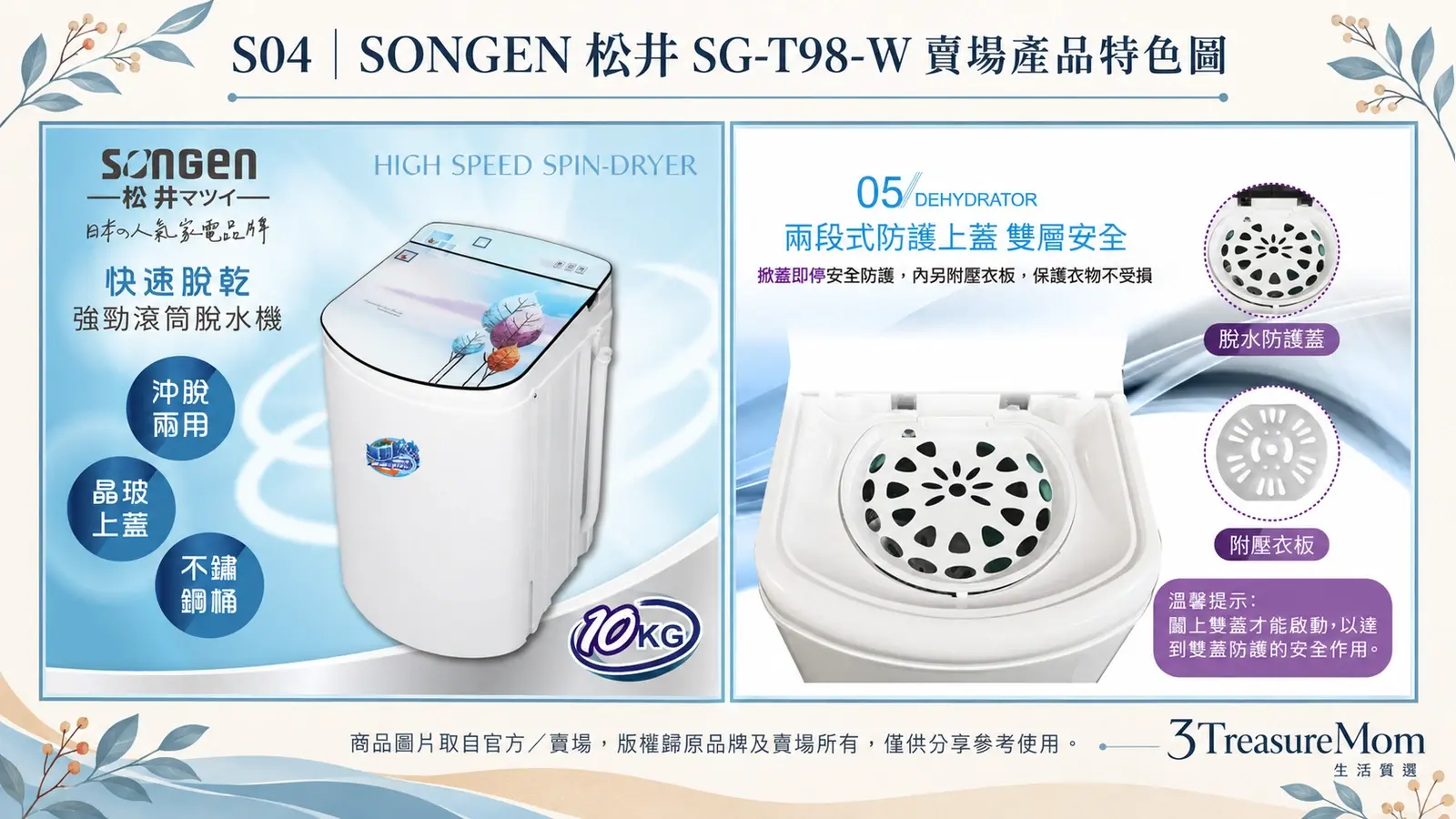 SONGEN 松井 SG-T98-W 賣場產品特色圖，整理核心賣點與雙層安全上蓋