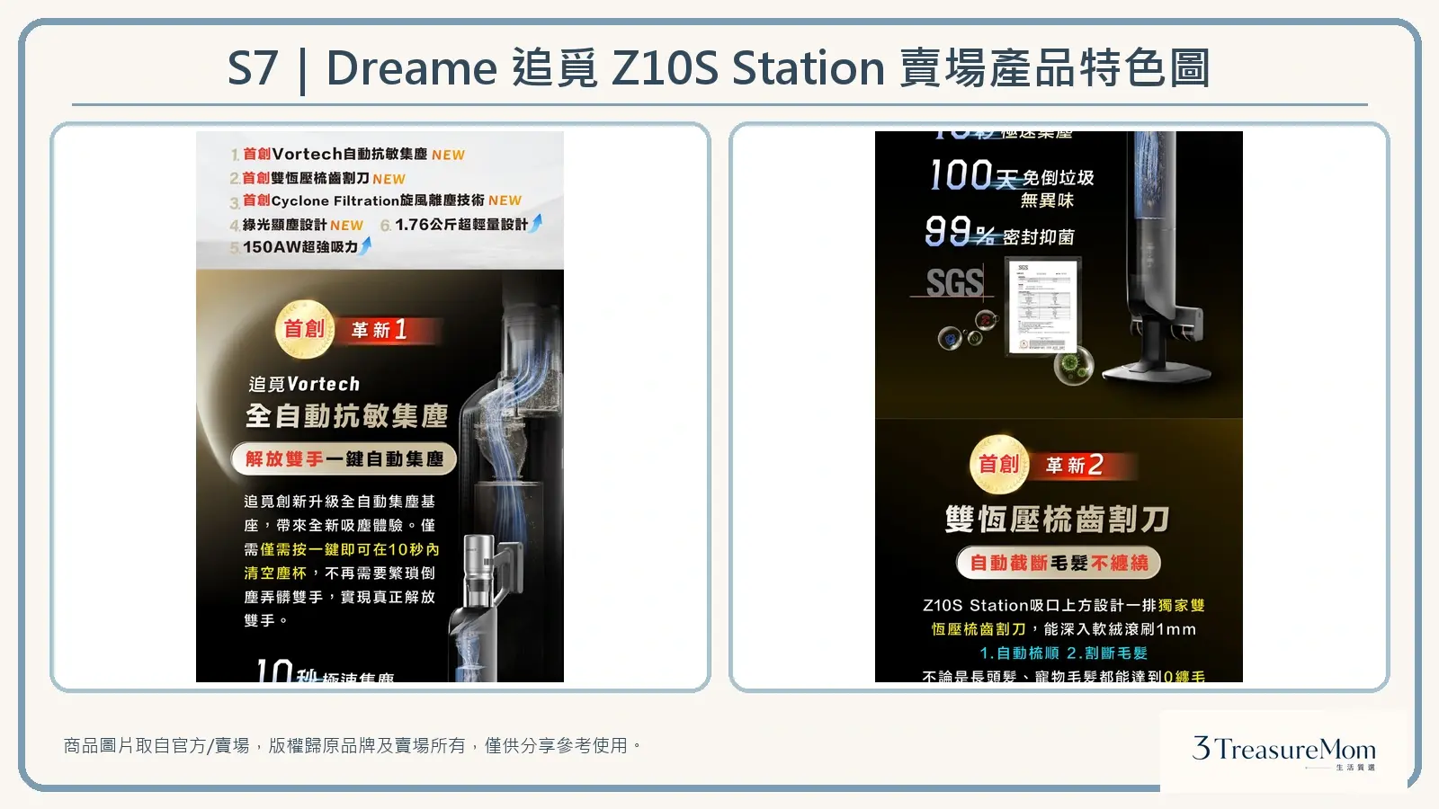 Dreame追覓Z10S Station賣場產品特色圖，整理Vortech自動集塵、抗菌塵袋與防纏割刀