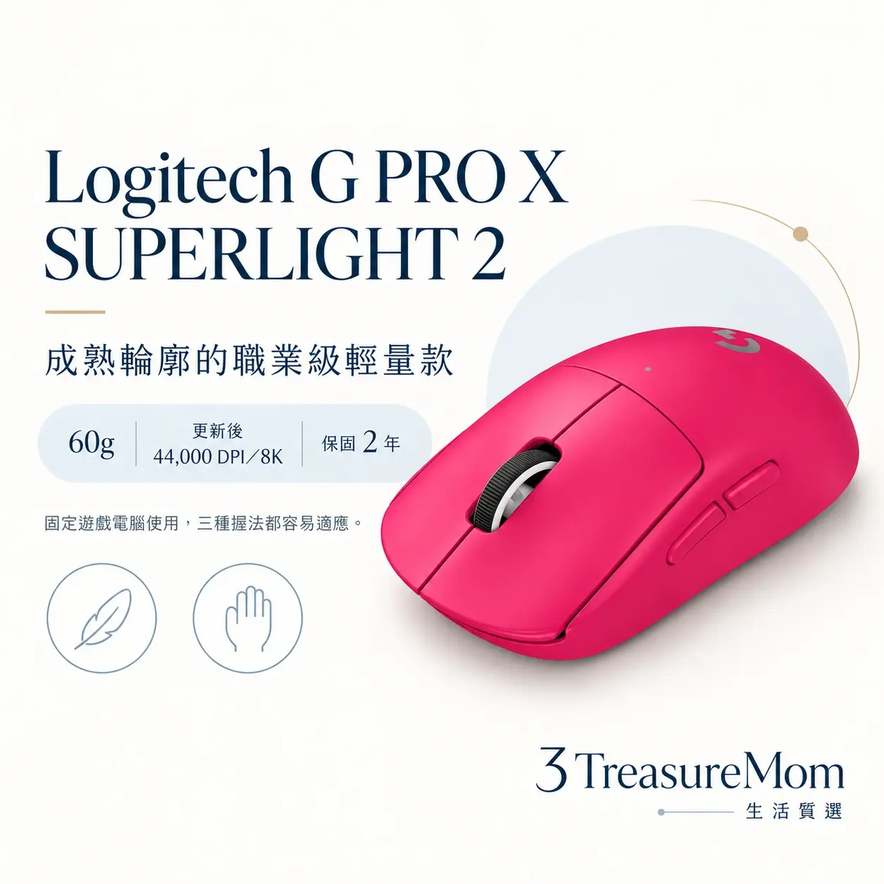 Logitech G PRO X SUPERLIGHT 2極簡產品定位圖，主打成熟輪廓的職業級輕量款與60g、更新後 44,000 DPI／8K、保固 2 年