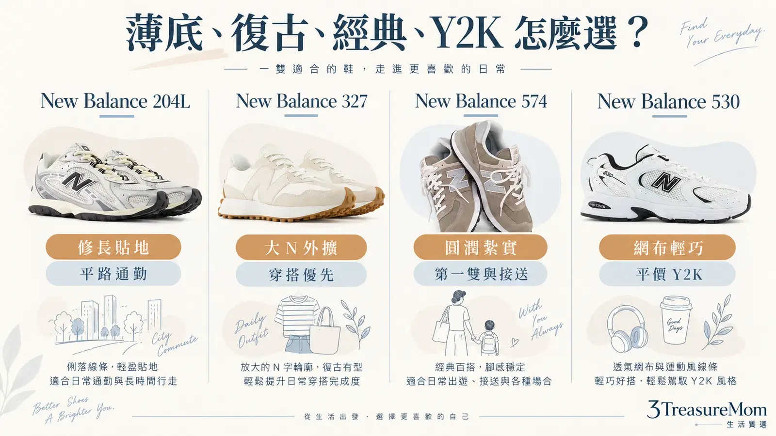 New Balance 204L、327、574與530比較圖，整理鞋型輪廓、腳感定位與適合穿搭