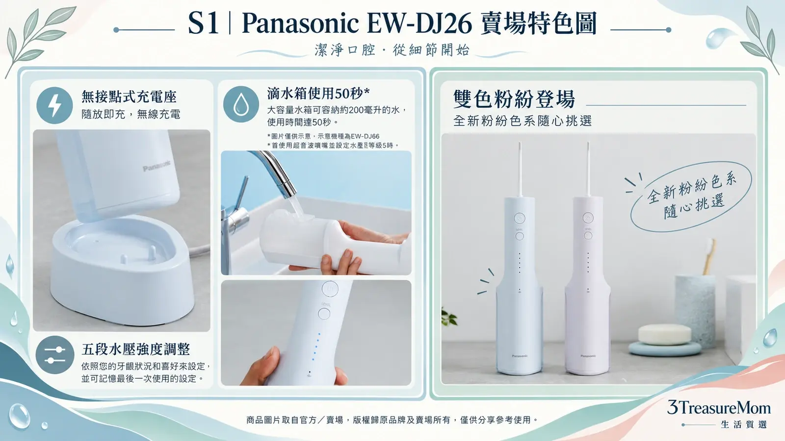 Panasonic EW-DJ26賣場特色圖，整理噴射水流、感應充電座、雙色外觀與浴室使用情境