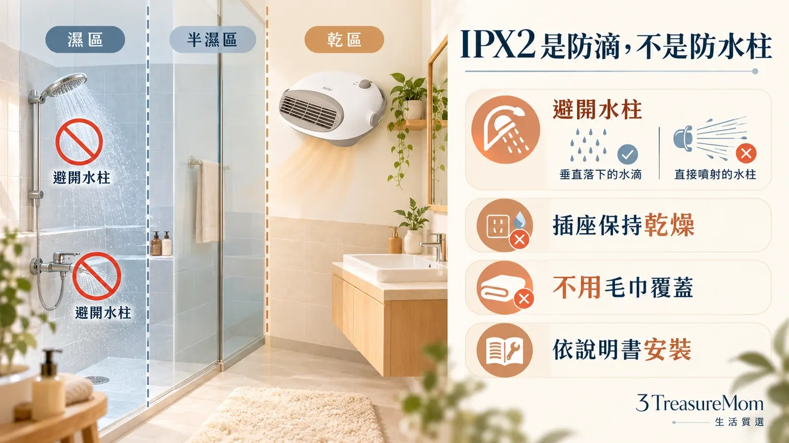 浴室陶瓷電暖器IPX2安全擺放圖，說明防滴水、壁掛、插座與避開水柱重點