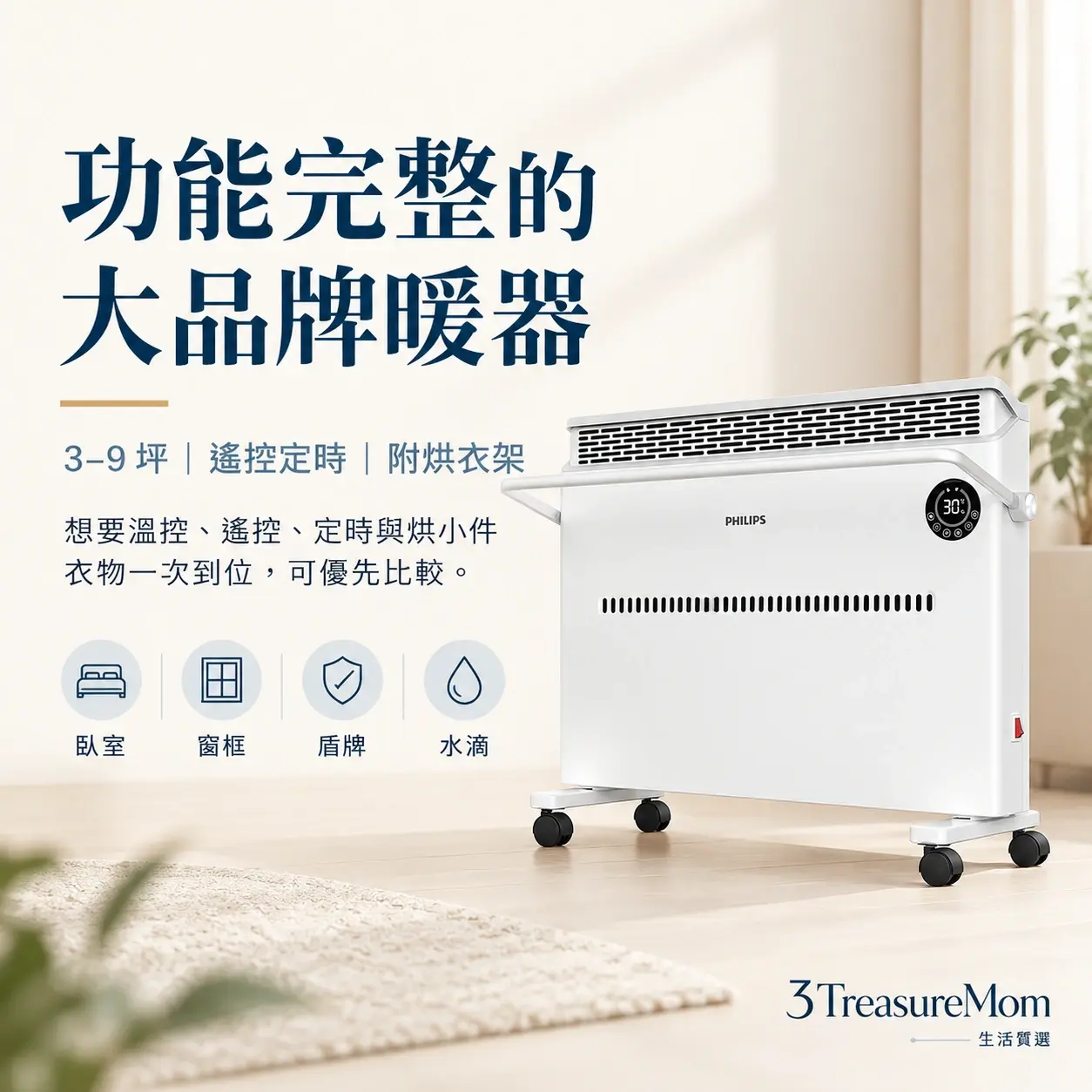 Philips 飛利浦 AHR3142CS極簡產品廣告圖，主打功能完整的大品牌暖器與3–9 坪、遙控定時、附烘衣架