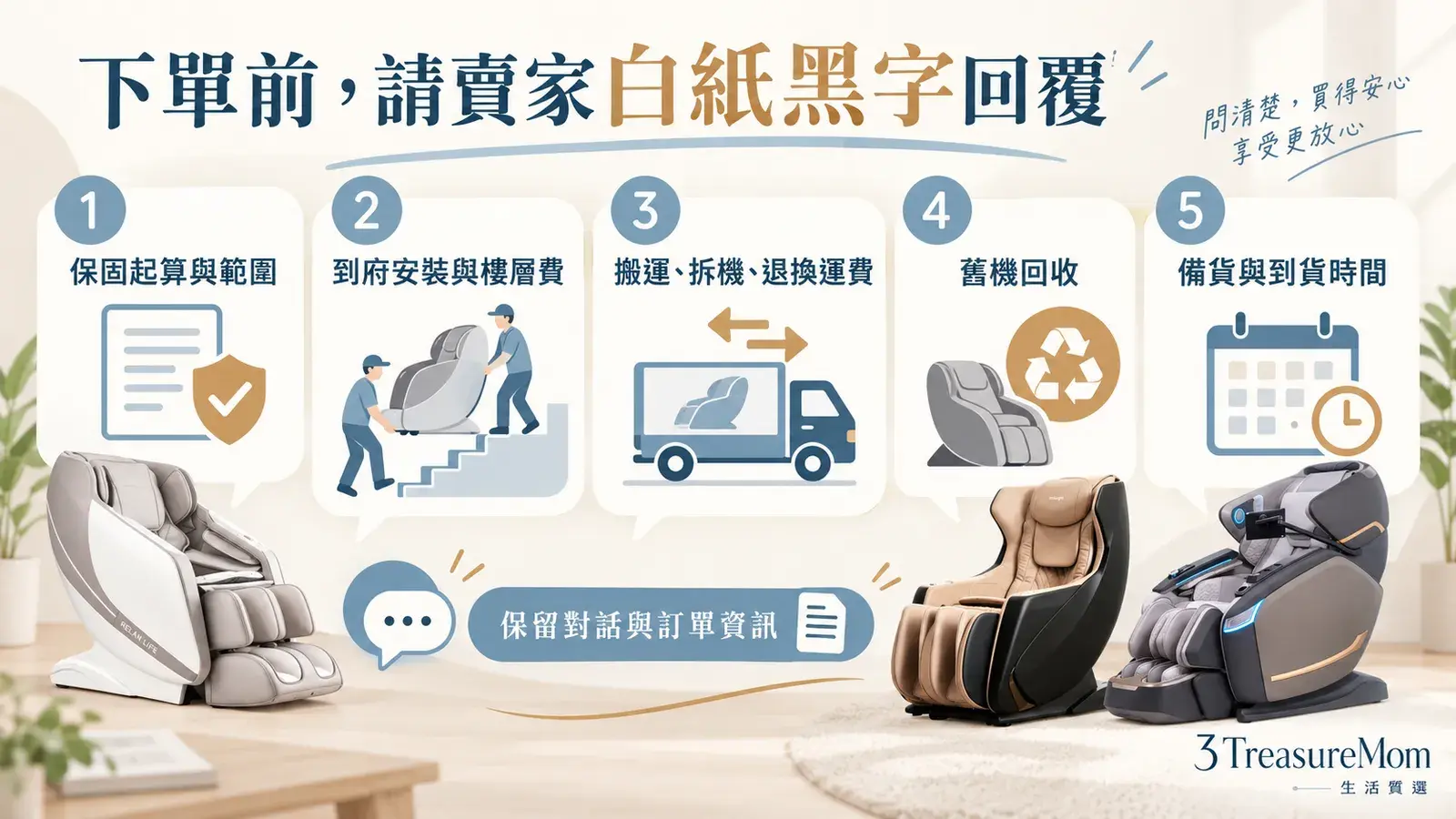網購按摩椅下單前檢查表，確認保固起算、到府安裝、搬運拆機、退換運費與備貨時間