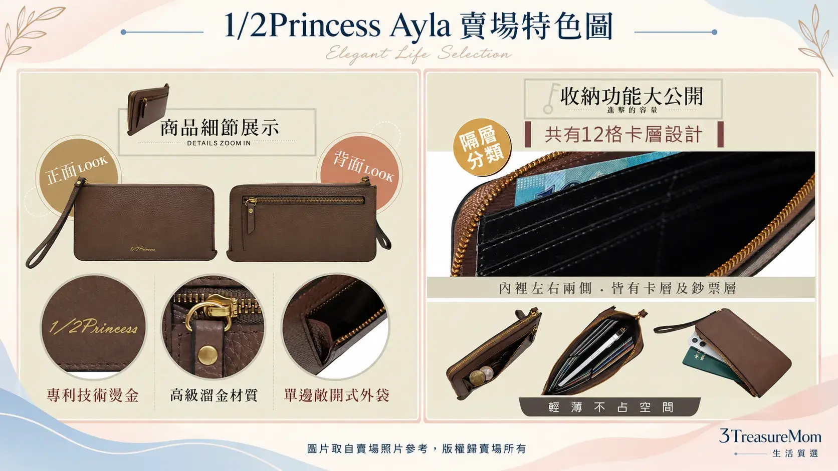 1/2Princess Ayla女用長夾賣場特色圖,展示牛皮外觀、五金細節、12卡位與手機收納