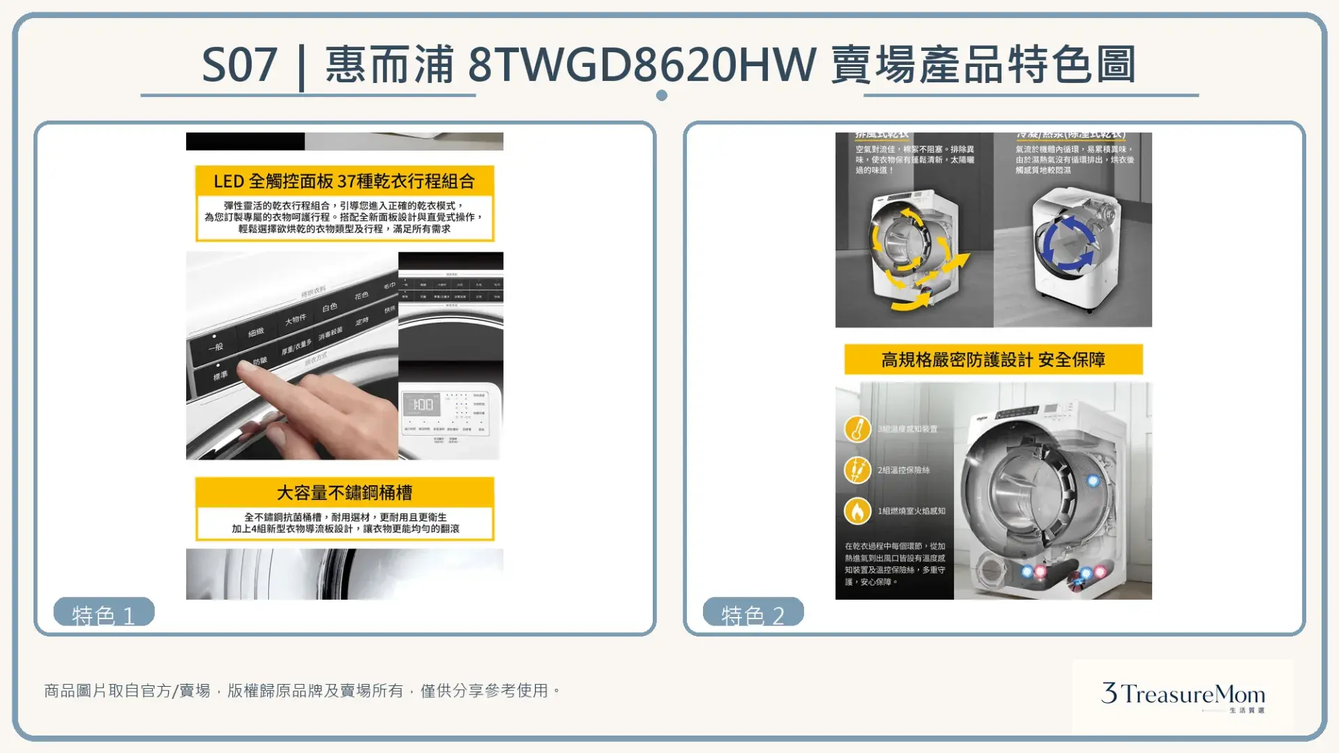 惠而浦Whirlpool 8TWGD8620HW瓦斯乾衣機賣場產品特色圖，整理官方與賣場提供的功能特色圖片
