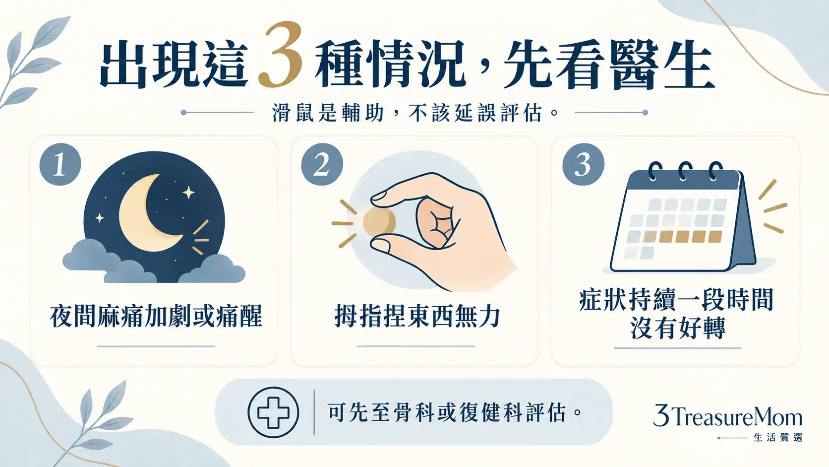 滑鼠手就醫警訊圖，提醒夜間麻醒、拇指無力與症狀持續未改善應尋求醫療評估