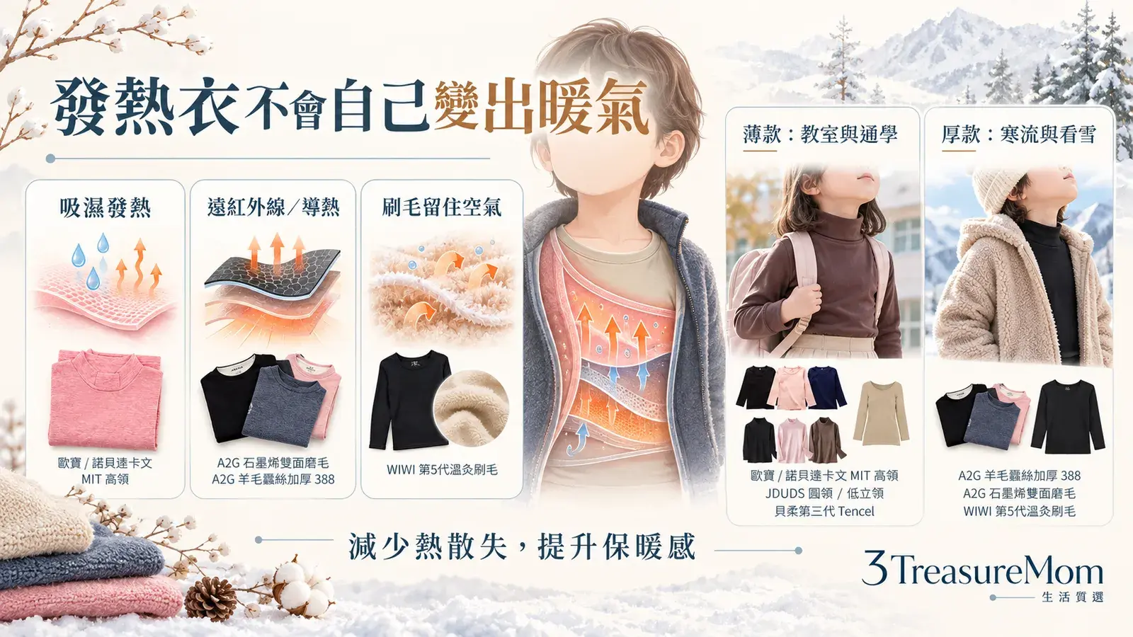 兒童發熱衣保暖原理圖，說明吸濕發熱、遠紅外線、刷毛空氣層與厚薄場景差異