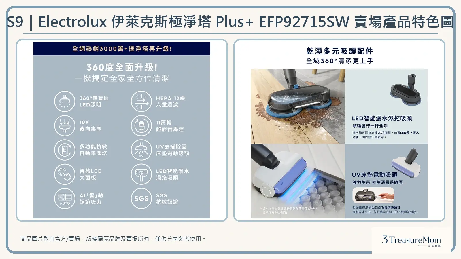 Electrolux伊萊克斯極淨塔Plus EFP92715SW賣場產品特色圖，整理核心功能與乾濕多元吸頭