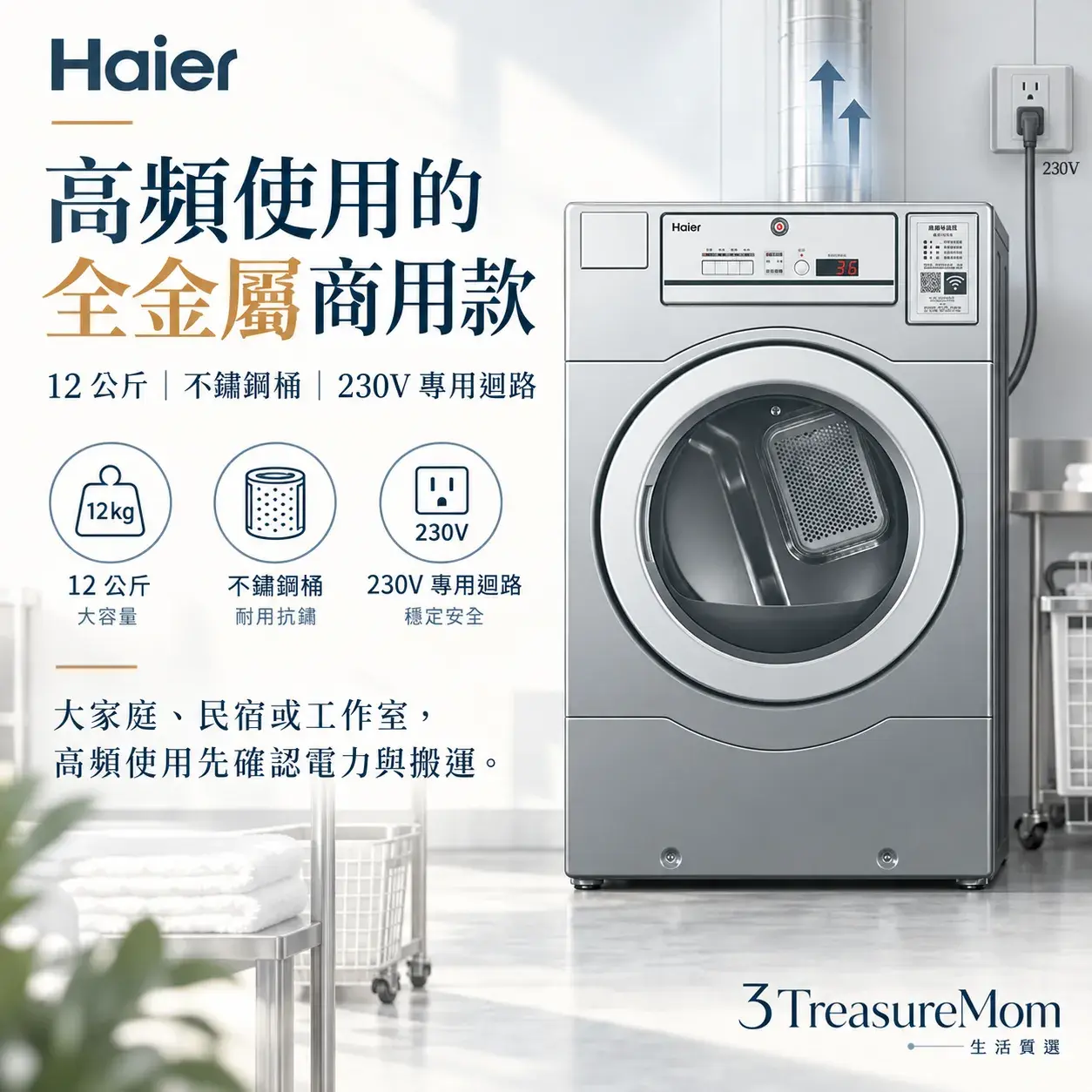 海爾Haier HCD12GP瓦斯乾衣機極簡單品圖，主打全金屬結構、不鏽鋼桶與230V安裝條件