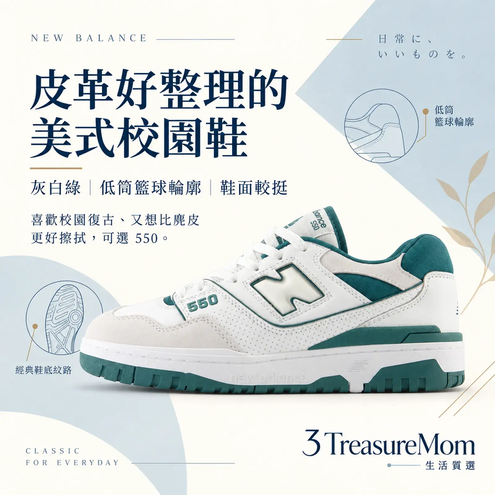 New Balance 550 灰白綠 單品介紹圖，重點為美式校園、皮革好整理、鞋面較挺