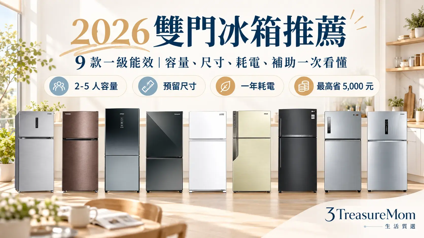 雙門冰箱推薦2026封面，9款一級能效冰箱尺寸、容量、耗電與補助比較
