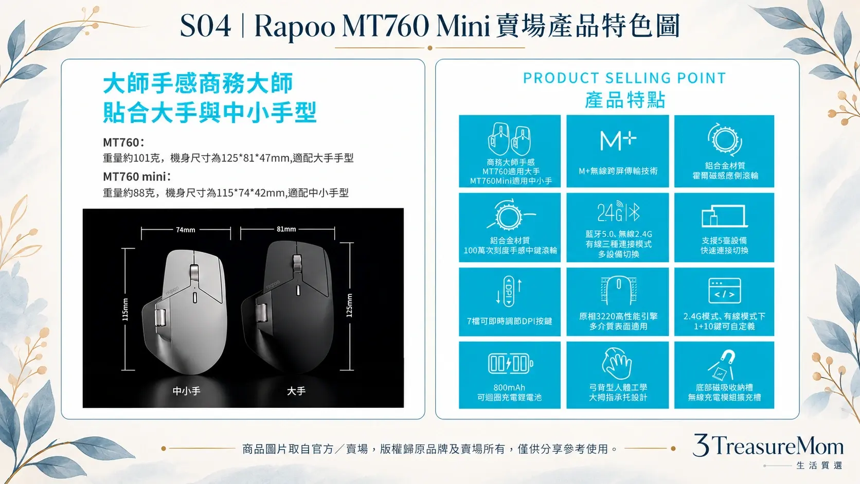 Rapoo MT760 Mini賣場產品特色圖，整理尺寸重量、手型與多裝置功能