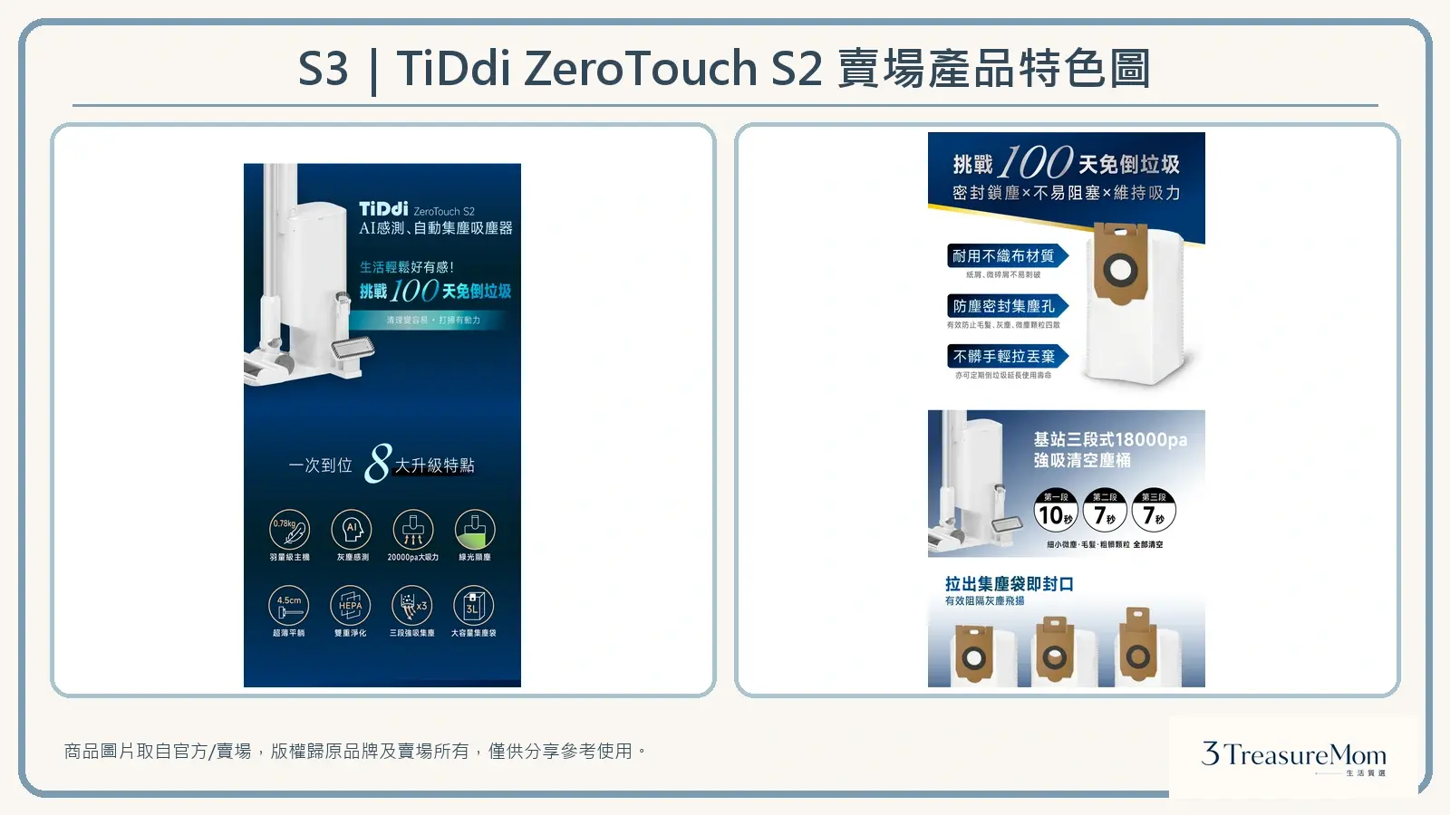 TiDdi ZeroTouch S2賣場產品特色圖，整理八大核心特色與三段自動集塵