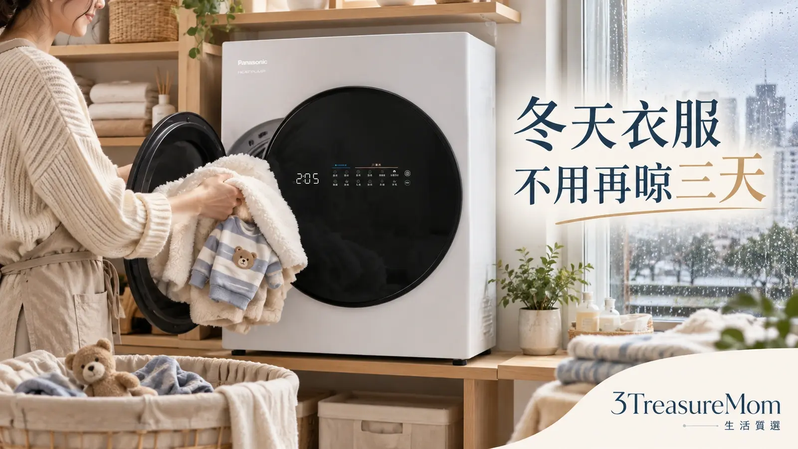 有孩子家庭在潮濕冬天使用熱泵式乾衣機的生活情境圖，呈現床單與日常衣物烘乾後收納
