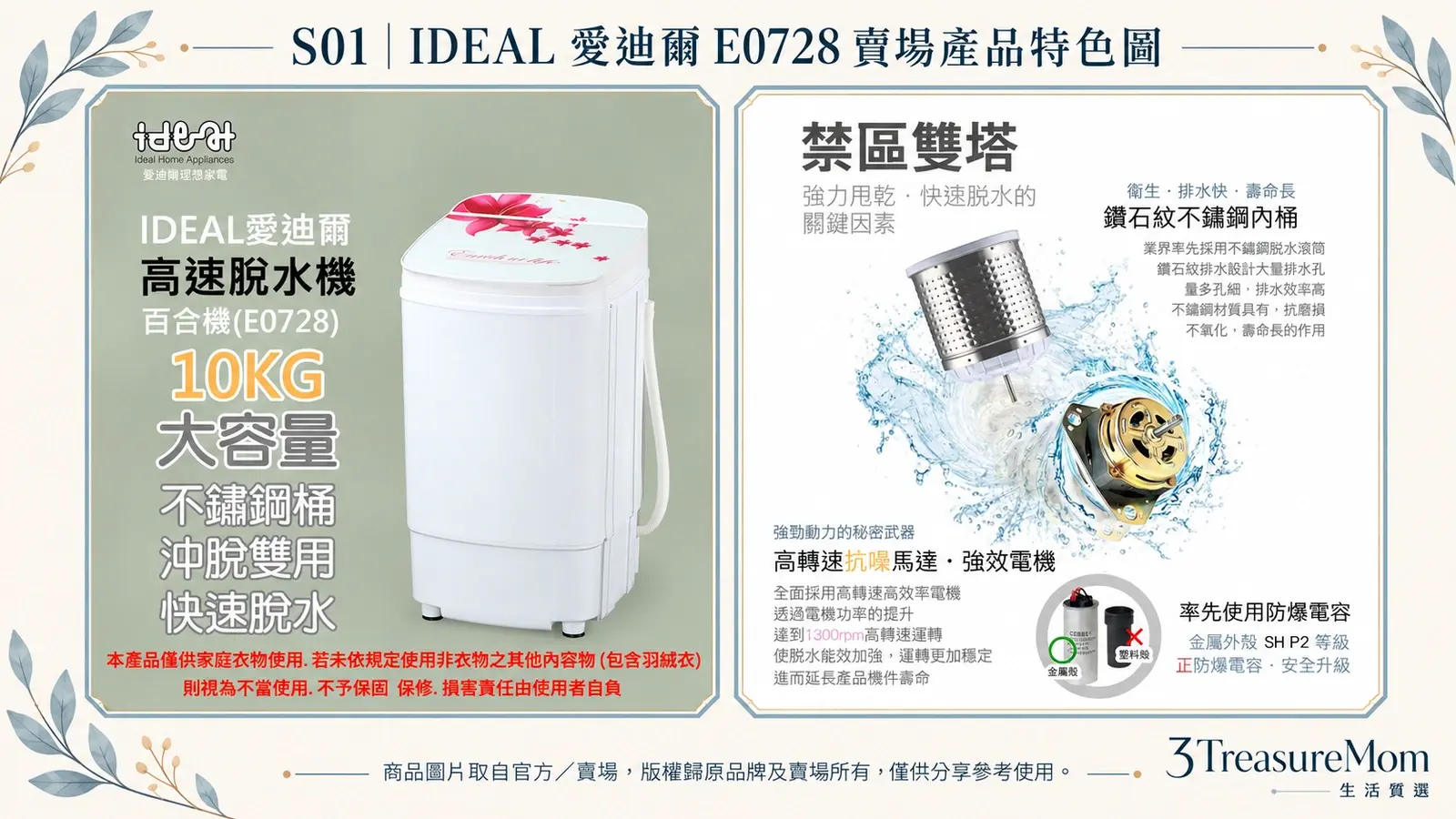 IDEAL 愛迪爾 E0728 賣場產品特色圖，整理主圖、內桶、馬達與安全設計