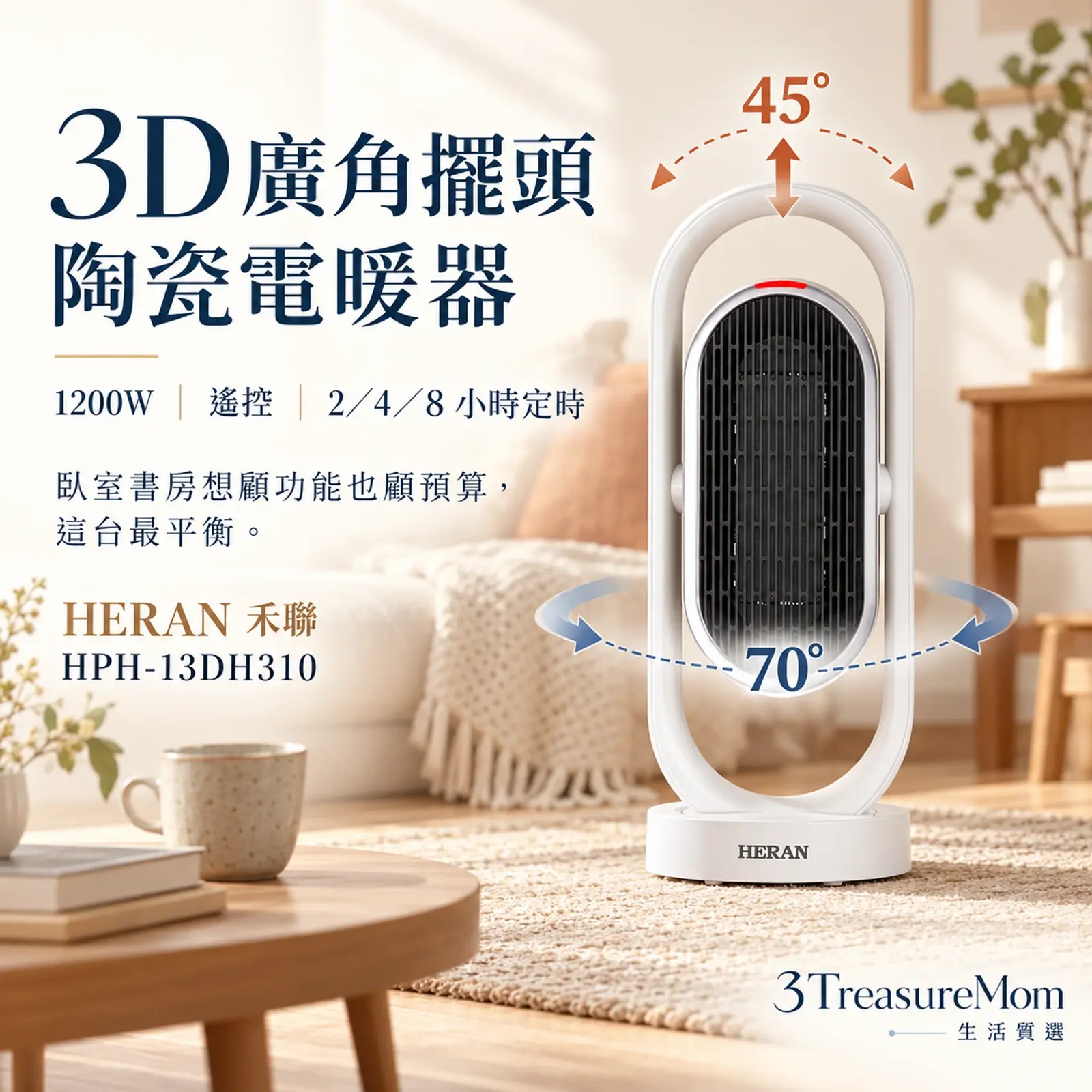 HERAN禾聯HPH-13DH310極簡單品圖，主打3D廣角擺頭、遙控與價格平衡
