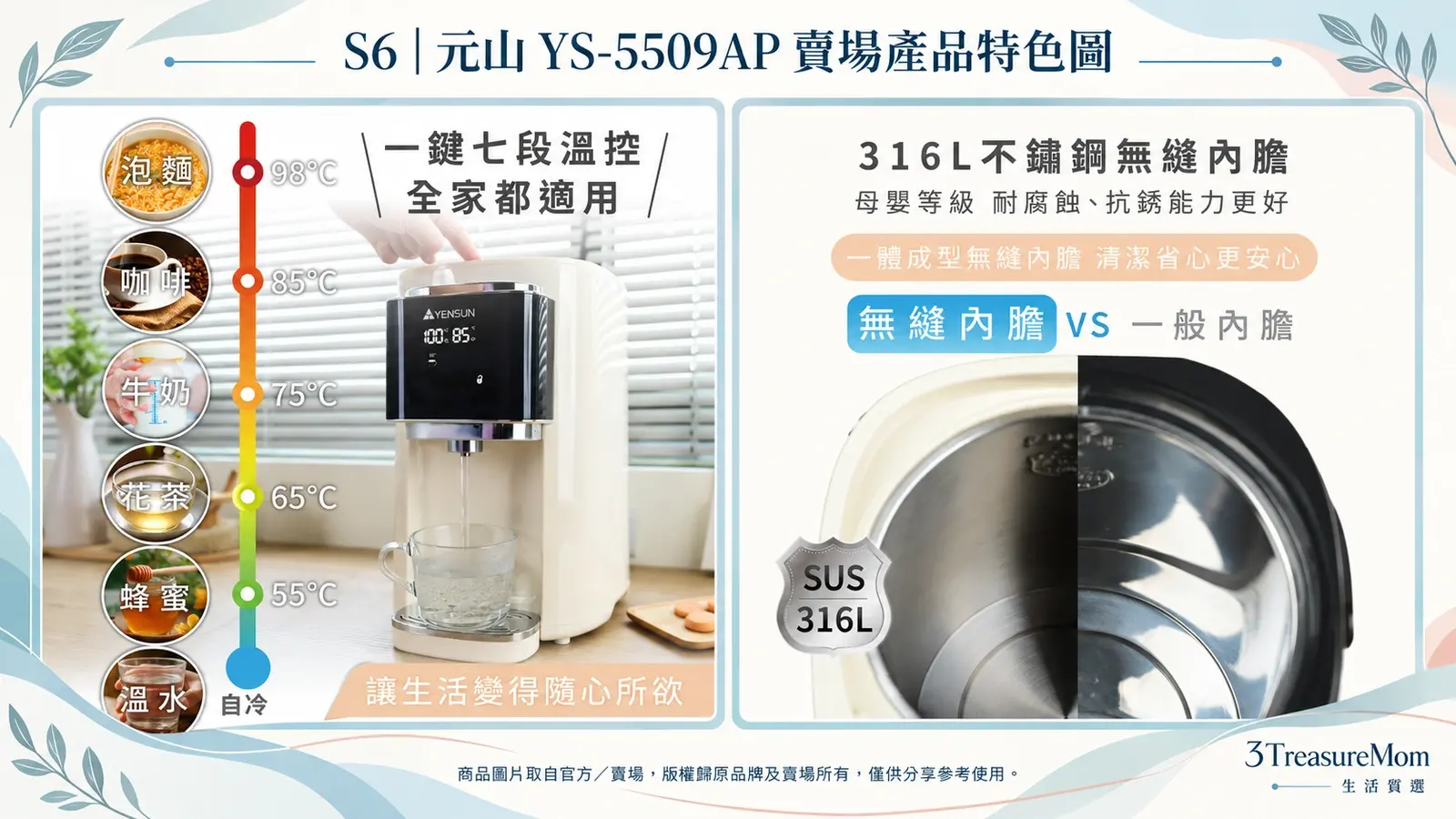 元山YS-5509AP電熱水瓶賣場產品特色圖，整理七段智能溫控與SUS316L無縫內膽