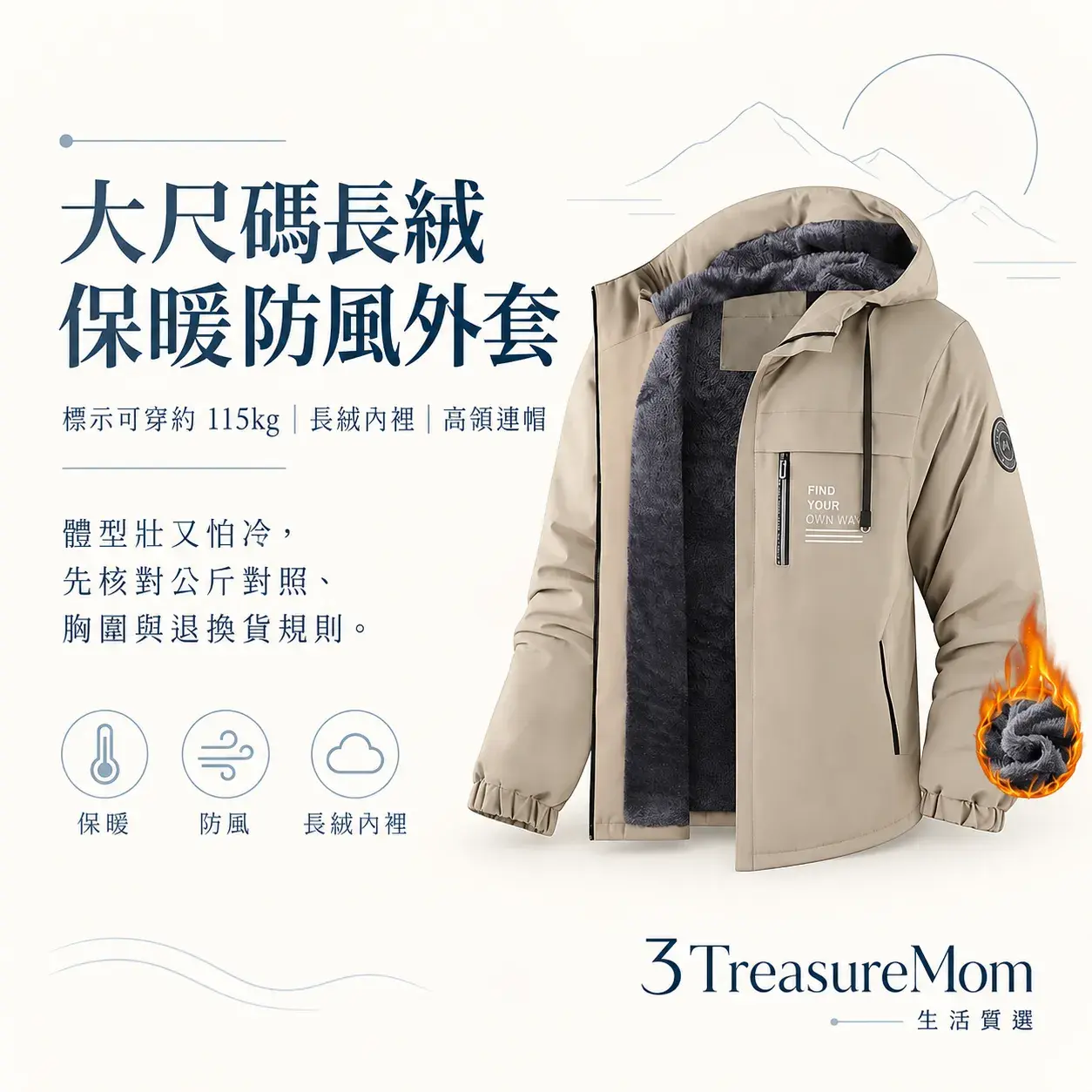 M2-TEC 加絨款極簡單品圖，主打標示可穿約 115kg、長絨內裡、高領連帽