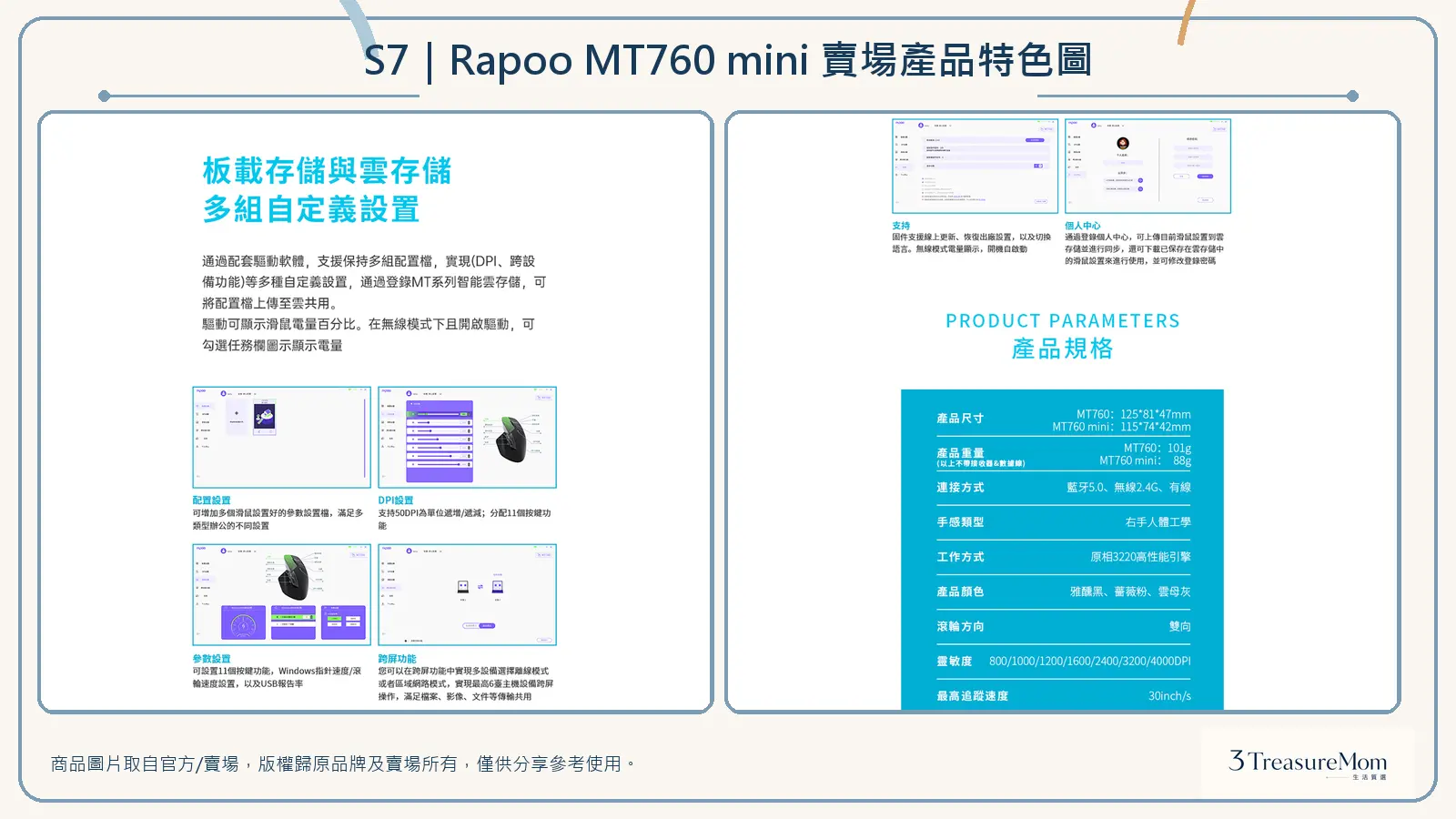 Rapoo MT760 mini 賣場產品特色圖，整理驅動功能、尺寸與多裝置規格