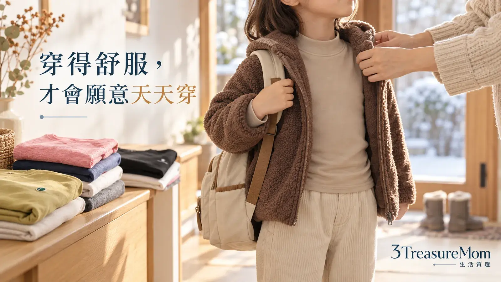 兒童穿著發熱衣準備上學的冬日早晨情境圖，呈現舒適穿搭與洋蔥式保暖日常