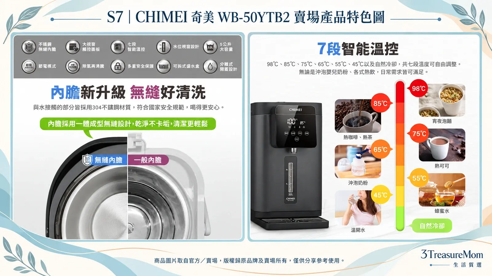 CHIMEI奇美WB-50YTB2電熱水瓶賣場產品特色圖，整理304不鏽鋼無縫內膽與七段智能溫控