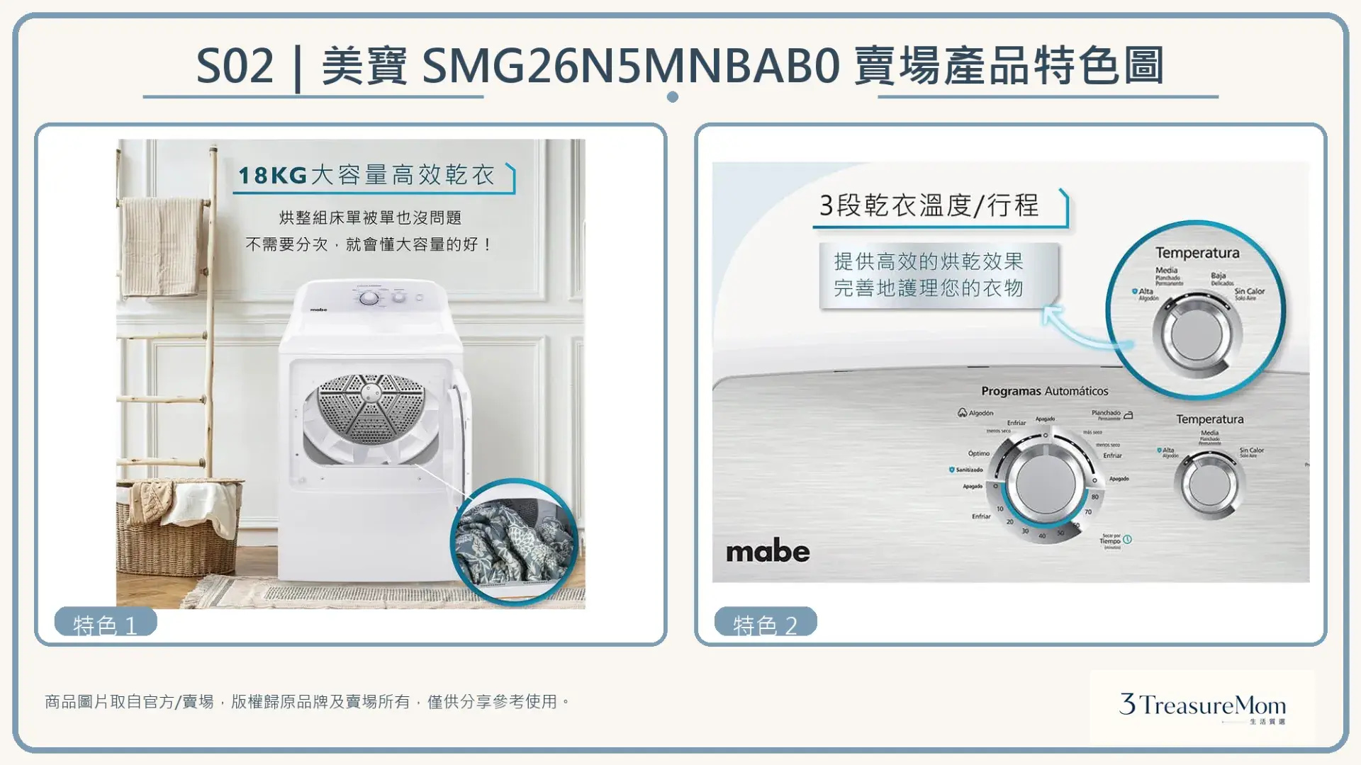 美寶mabe SMG26N5MNBAB0瓦斯乾衣機賣場產品特色圖，整理官方與賣場提供的功能特色圖片