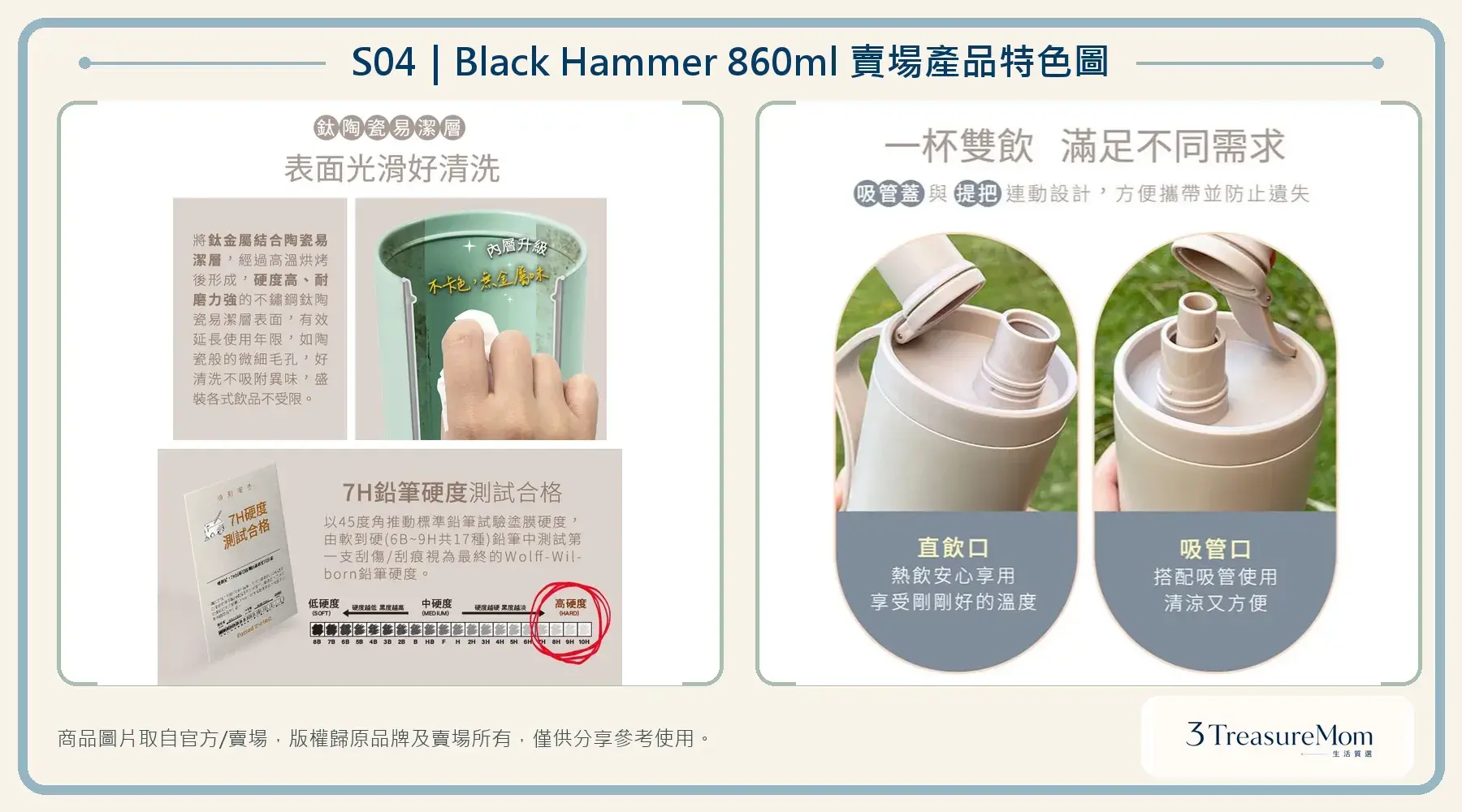 Black Hammer 860ml保溫杯賣場特色圖，整理鈦陶瓷易潔層、7H硬度與直飲吸管雙模式