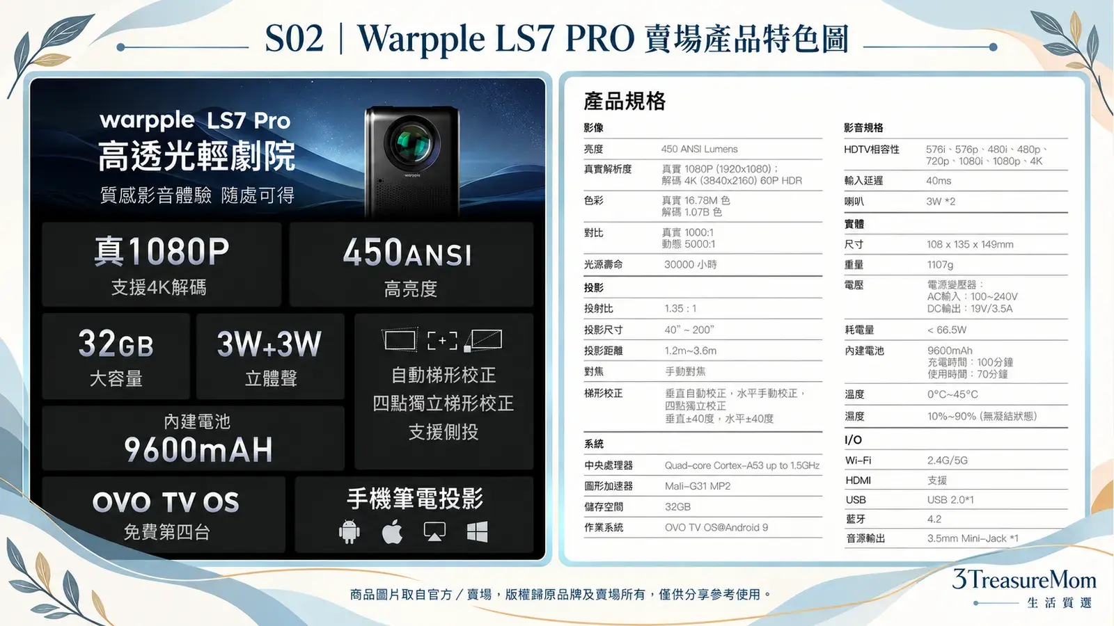 Warpple LS7 PRO 賣場產品特色圖，整理官方與賣場核心規格及完整規格，僅供分享參考