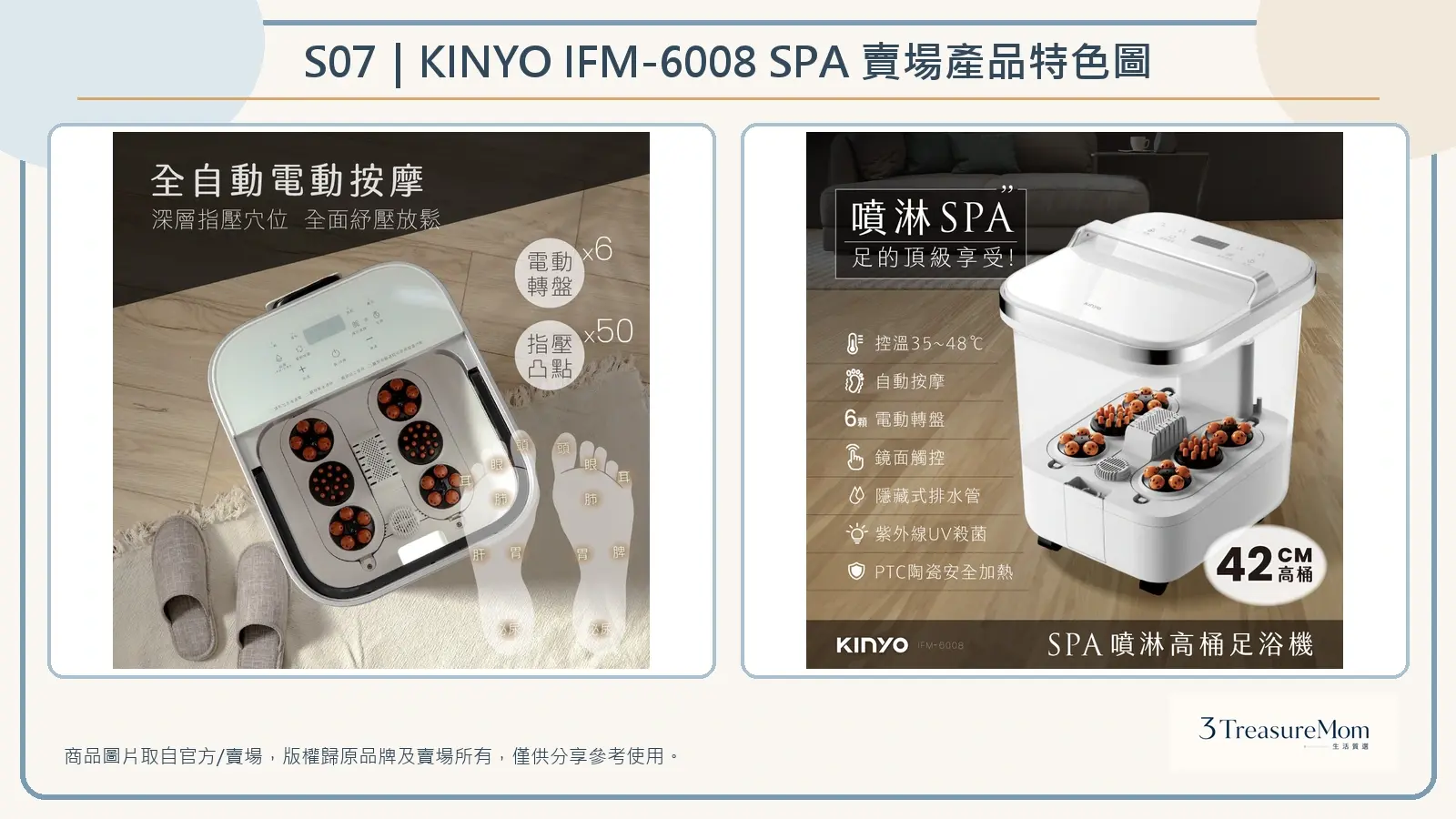 KINYO IFM-6008 SPA 賣場產品特色圖，整理電動轉盤、指壓凸點、噴淋與高桶規格