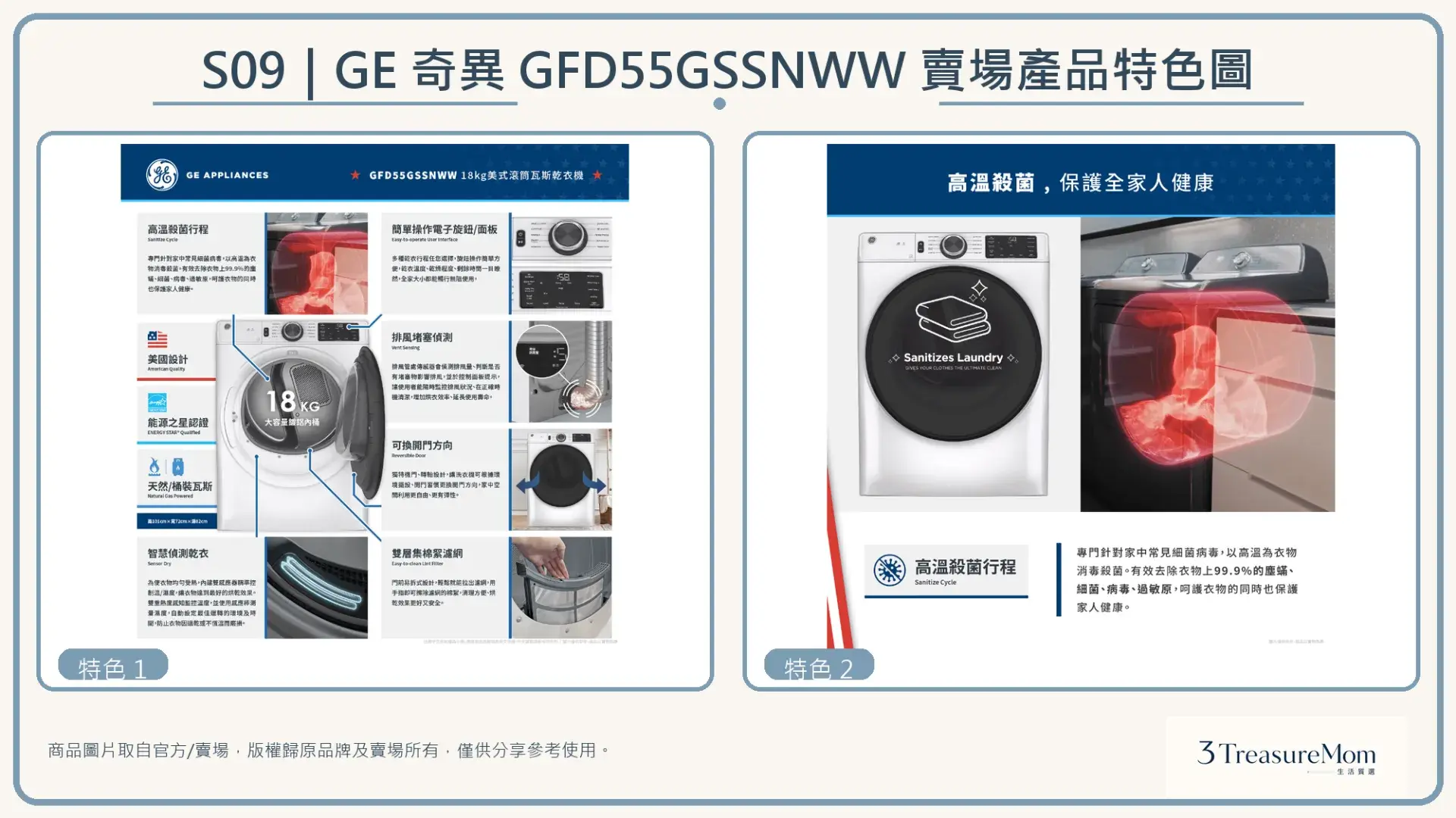 GE奇異 GFD55GSSNWW瓦斯乾衣機賣場產品特色圖，整理官方與賣場提供的功能特色圖片