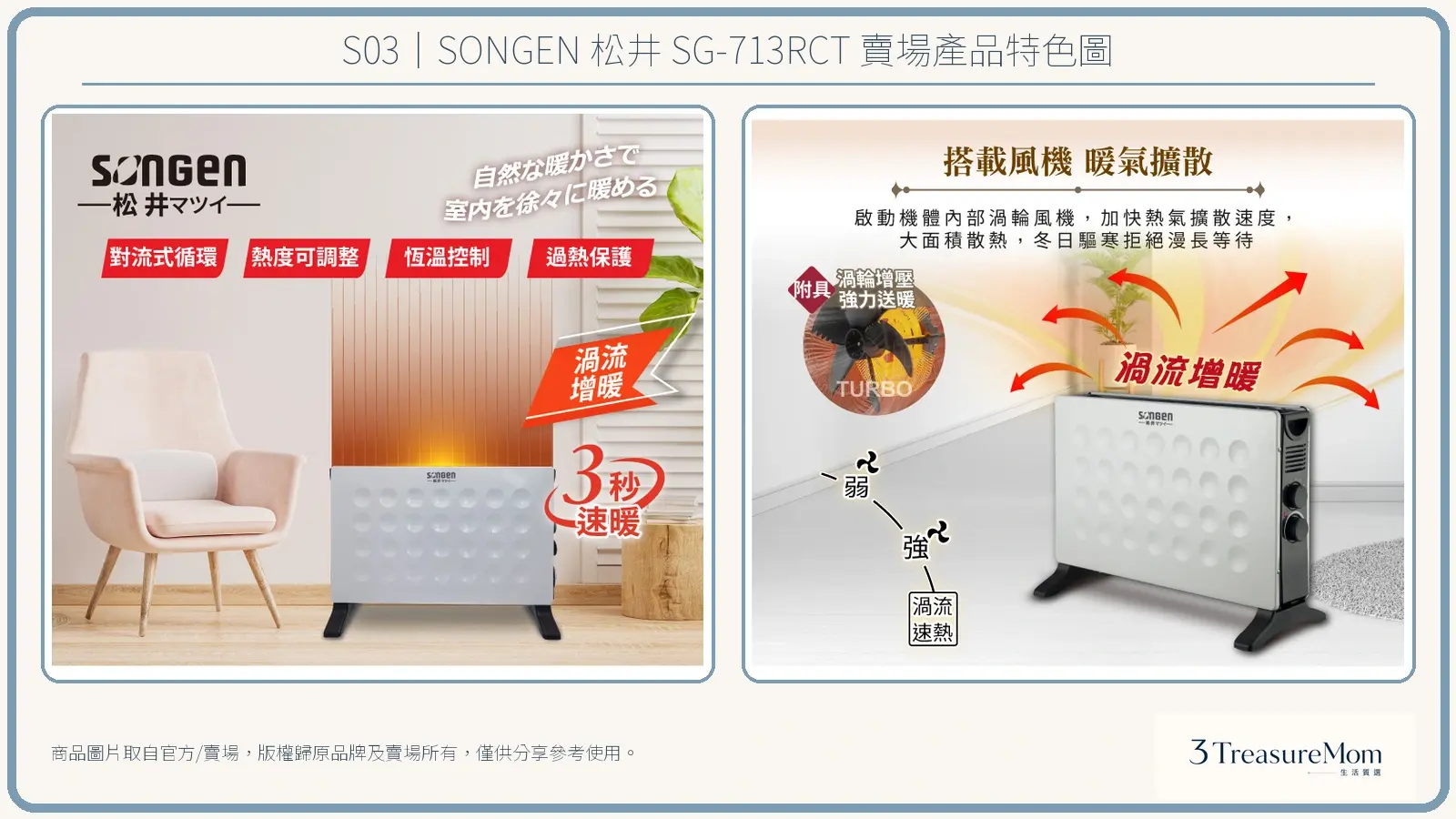 SONGEN 松井 SG-713RCT賣場產品特色圖，整理官方與賣場提供的外觀、功能及規格資訊