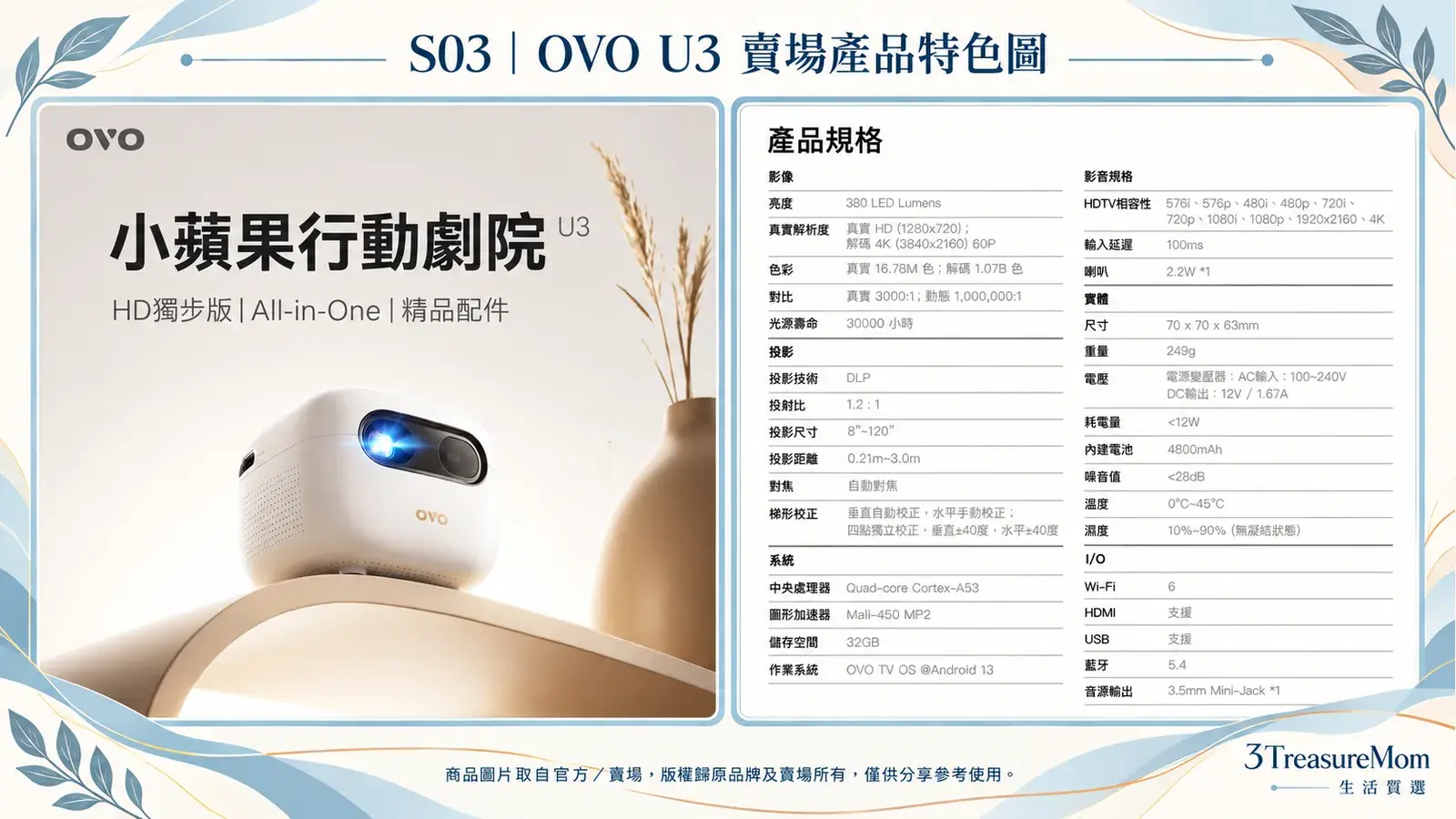 OVO U3 賣場產品特色圖，整理官方與賣場產品定位及完整規格，僅供分享參考