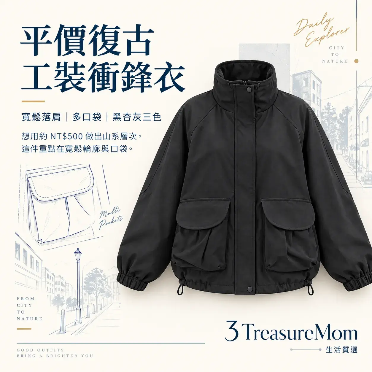 梨卡AR218極簡單品圖，主打寬鬆落肩、多口袋與復古工裝風