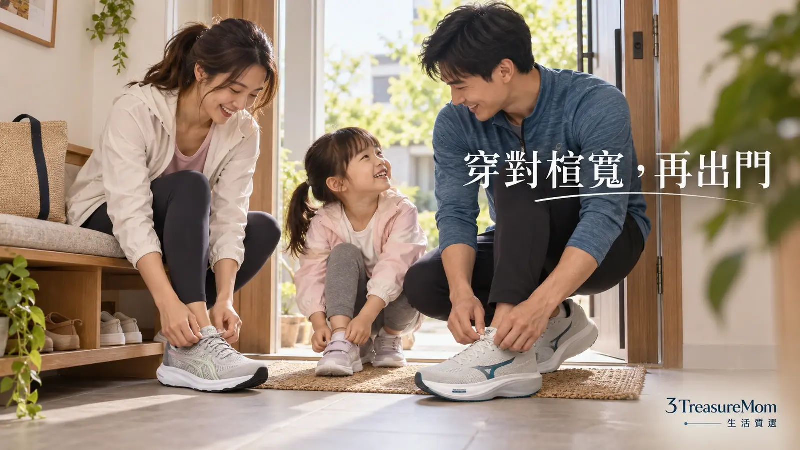 腳寬家庭挑對寬楦跑鞋後準備外出散步跑步的生活情境圖