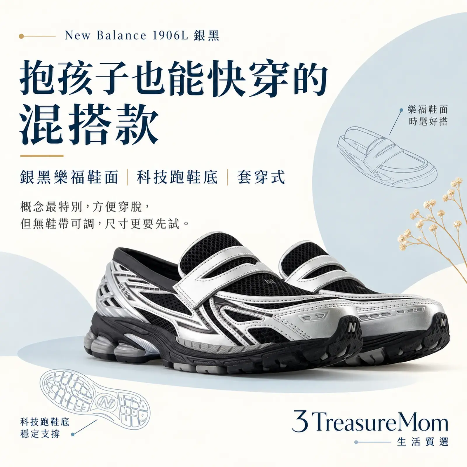 New Balance 1906L 銀黑 單品介紹圖，重點為樂福混跑鞋、套穿方便、造型混搭