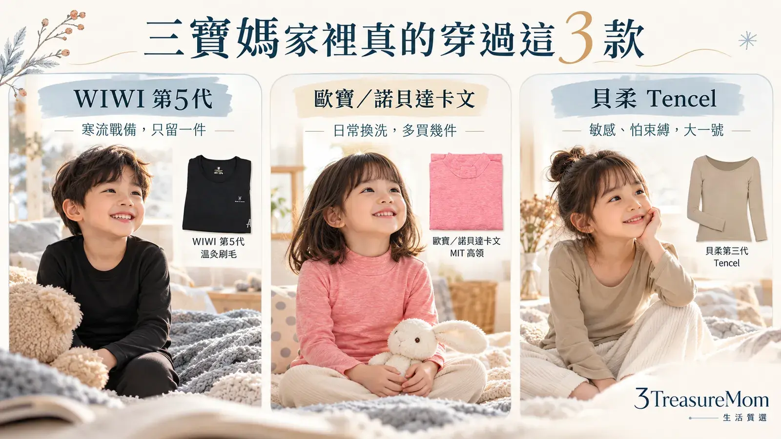 三寶媽實穿兒童發熱衣3款推薦圖，整理WIWI寒流、歐寶日常與貝柔敏感肌定位