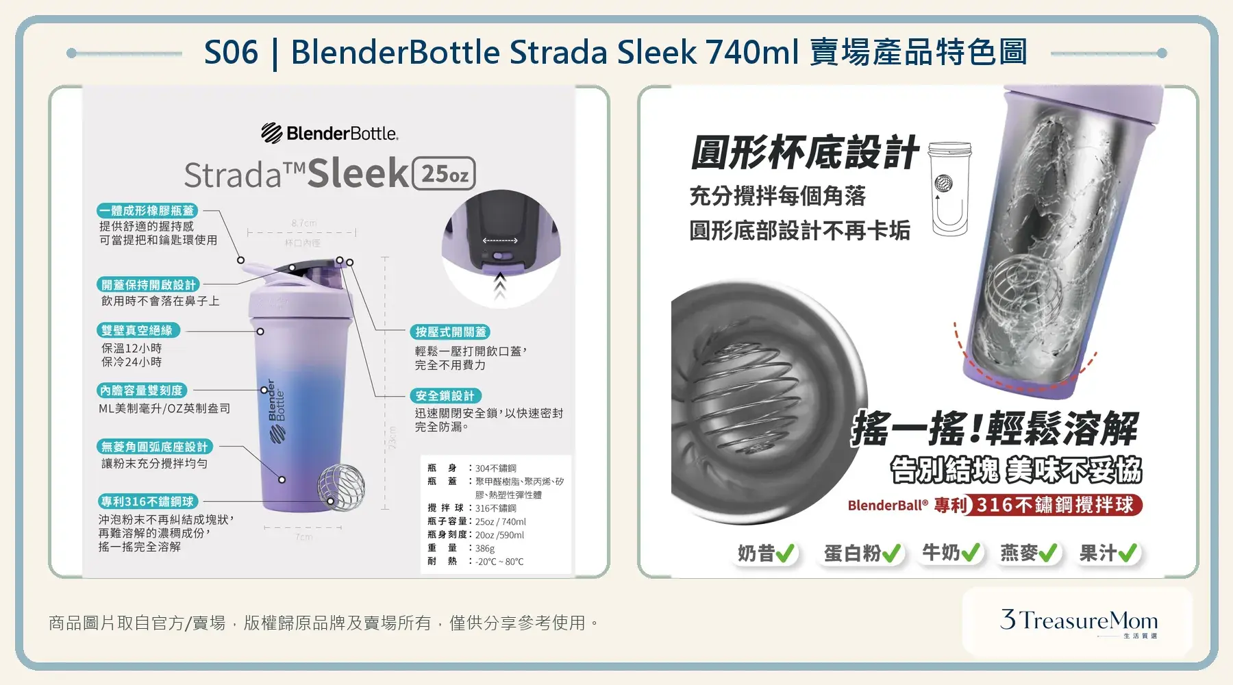BlenderBottle Strada Sleek 740ml運動杯賣場特色圖，整理產品規格、圓弧杯底與316攪拌球