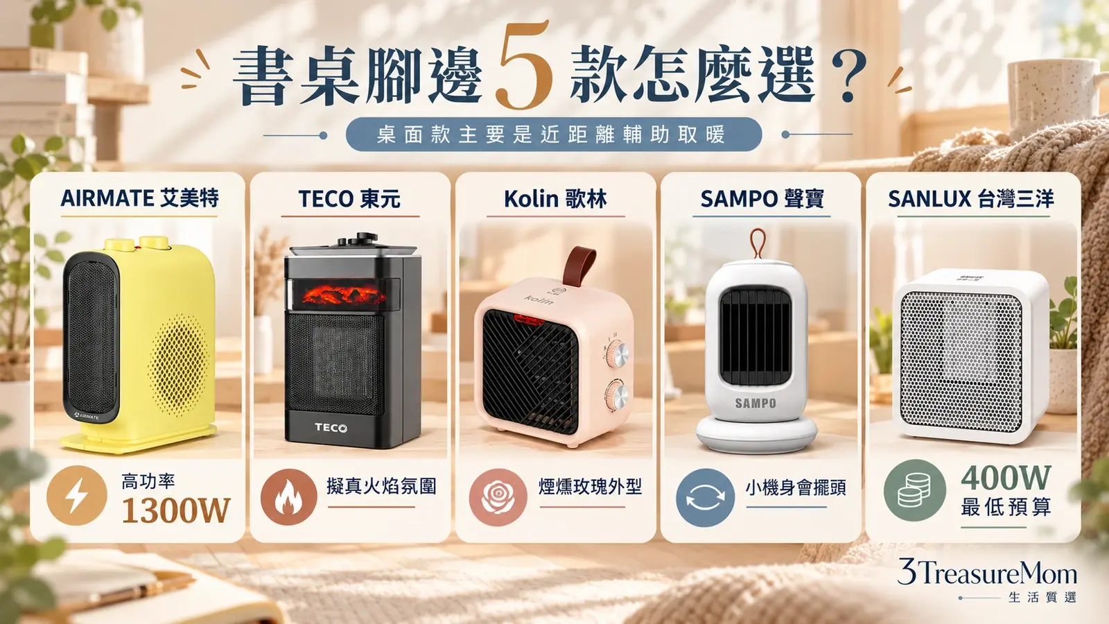 桌上型陶瓷電暖器5款比較，依高功率、氛圍、外型、擺頭與最低預算分類