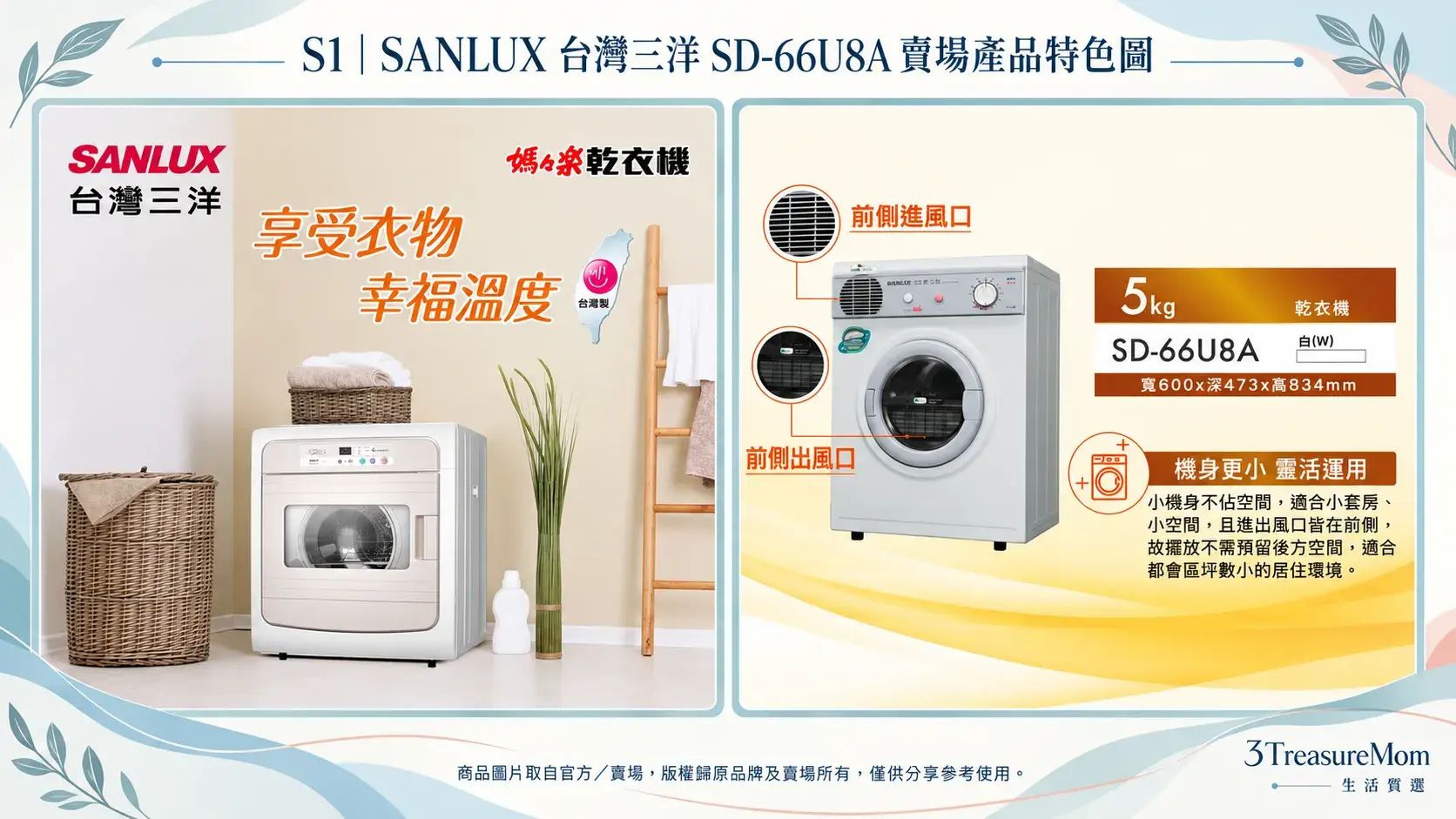 SANLUX台灣三洋SD-66U8A賣場產品特色圖，整理產品外觀、小機身與前側進出風設計