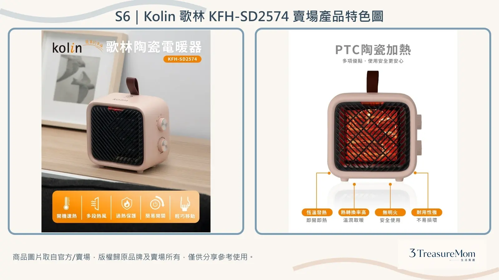 Kolin歌林KFH-SD2574賣場產品特色圖，彙整商品外觀與PTC陶瓷加熱特色