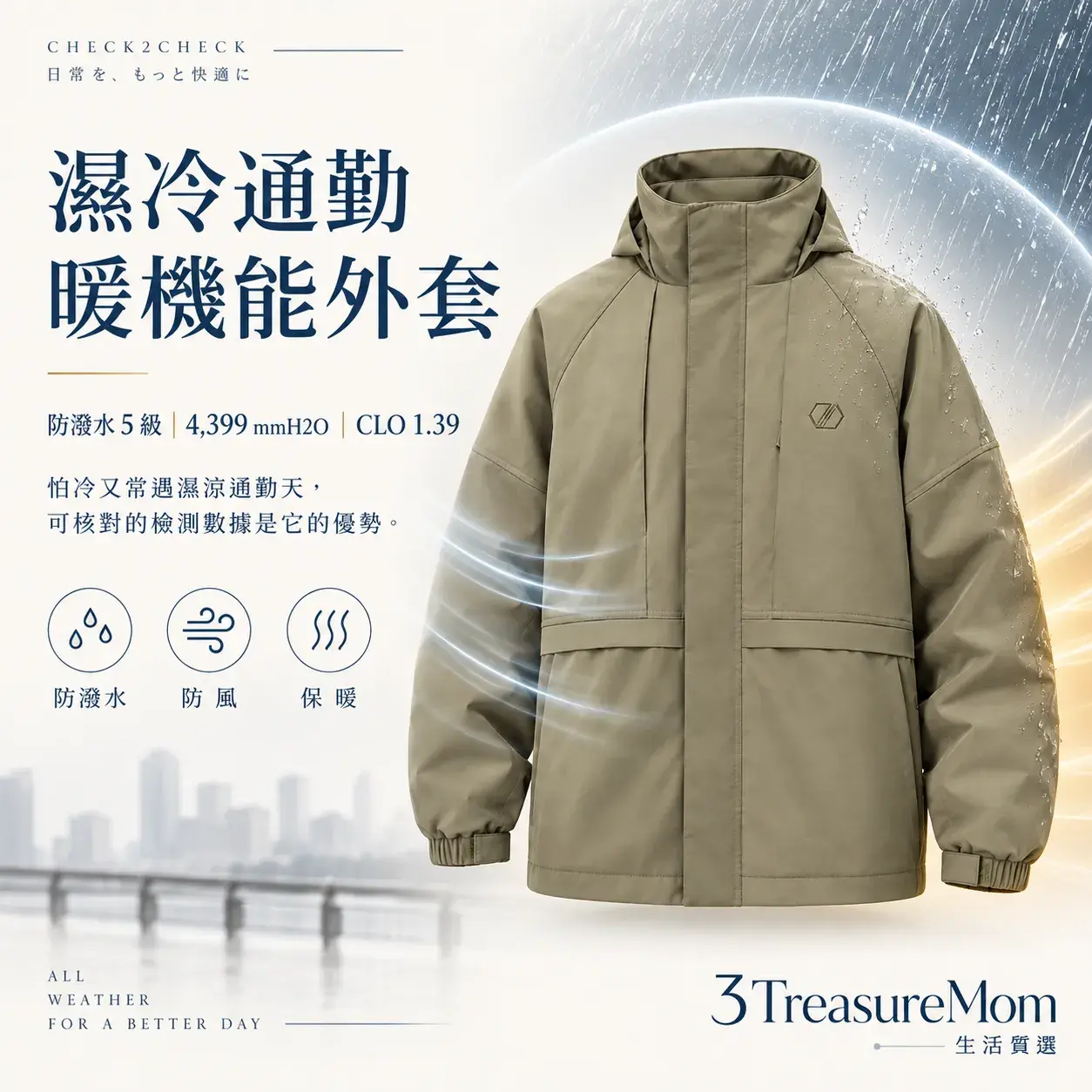 CHECK2CHECK極簡單品圖，主打防潑水5級、4399mmH2O與CLO 1.39